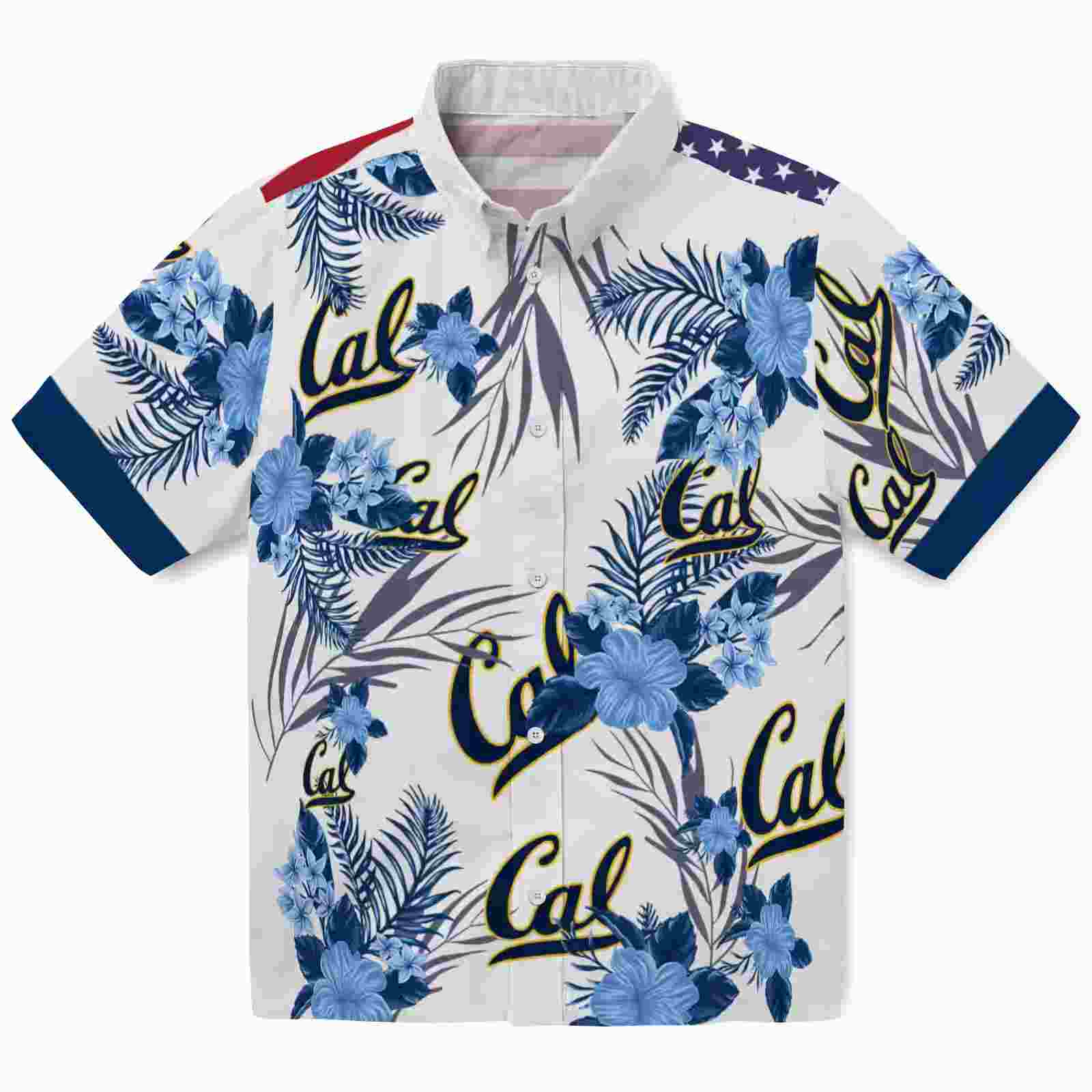 California Golden Bears Patriotic Hibiscus Design Blue White Hawaiian Shirt