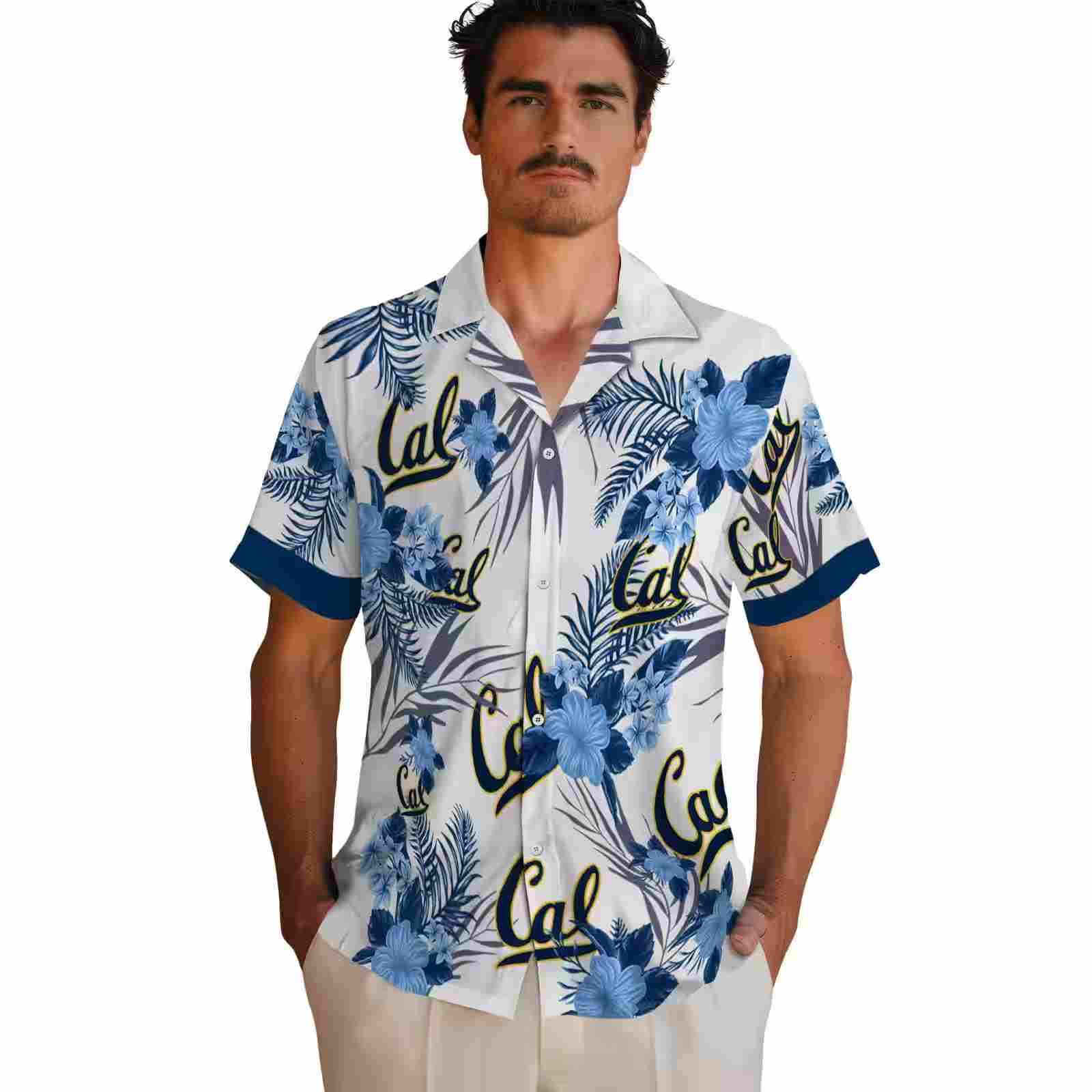 california golden bears patriotic hibiscus design blue white hawaiian shirt fashion forward