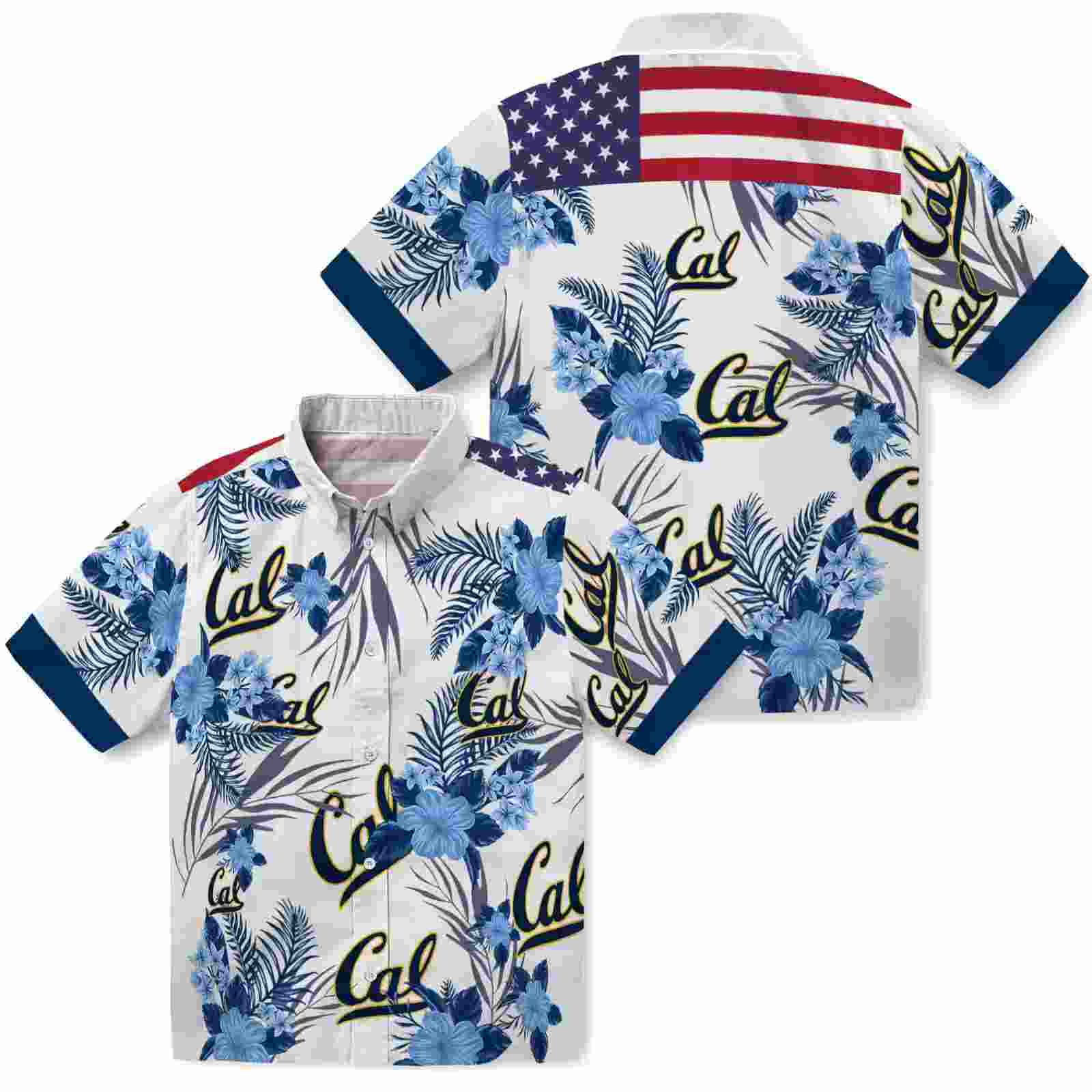 california golden bears patriotic hibiscus design blue white hawaiian shirt high quality