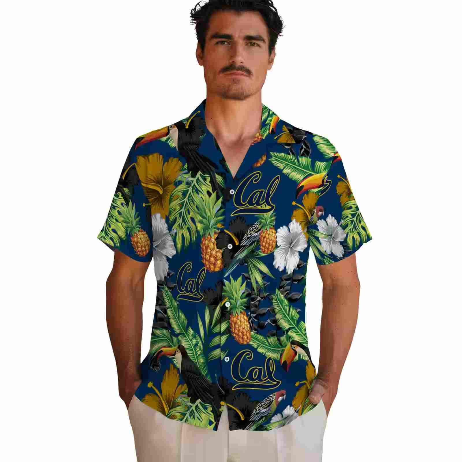 california golden bears toucan hibiscus pineapple blue green hawaiian shirt fashion forward