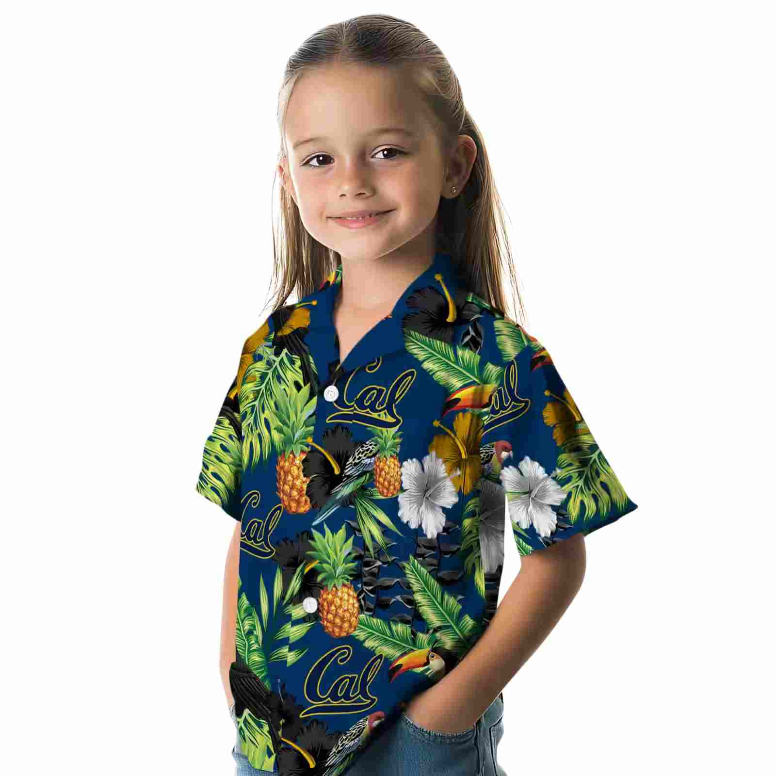 california golden bears toucan hibiscus pineapple blue green hawaiian shirt premium grade