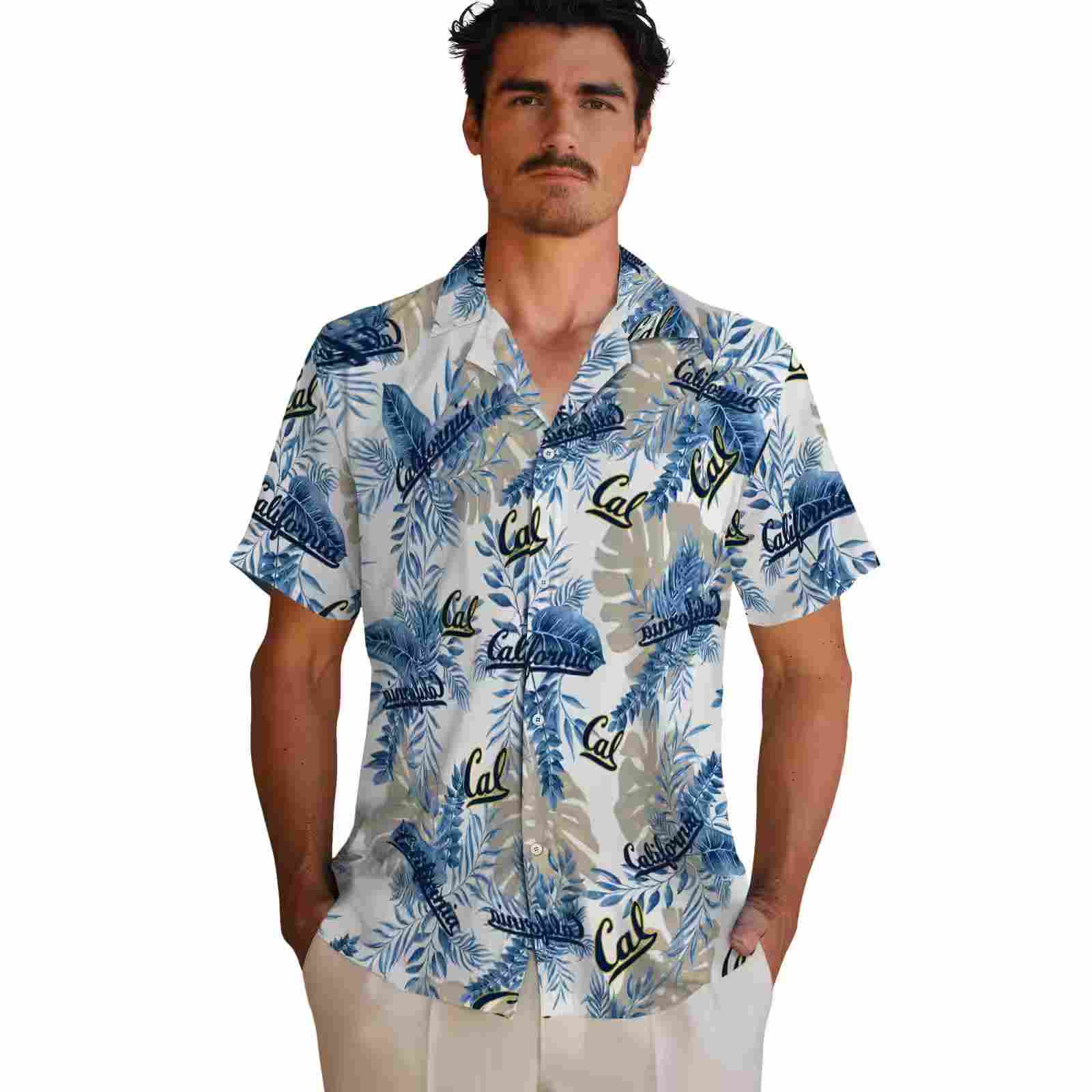 california golden bears tropical leaves blue white hawaiian shirt fashion forward