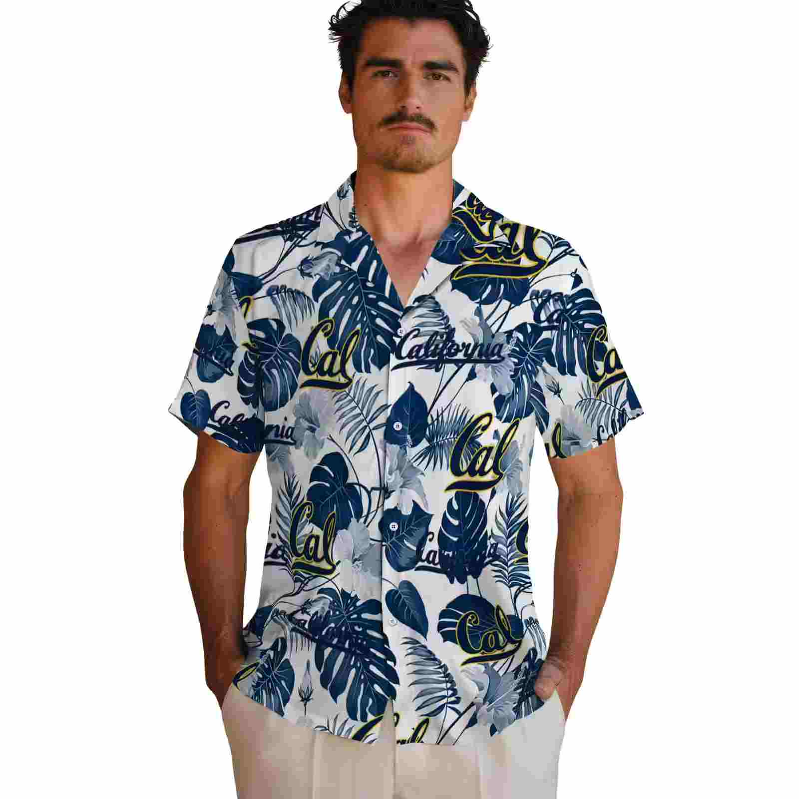 california golden bears tropical plants blue white hawaiian shirt fashion forward