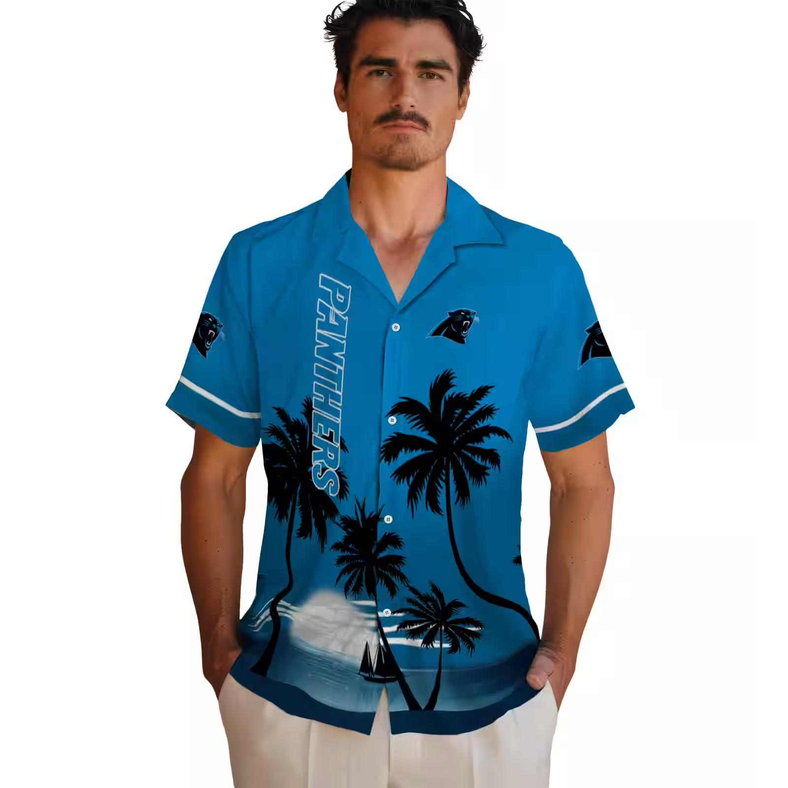 carolina panthers beach sunset blue black hawaiian shirt fashion forward