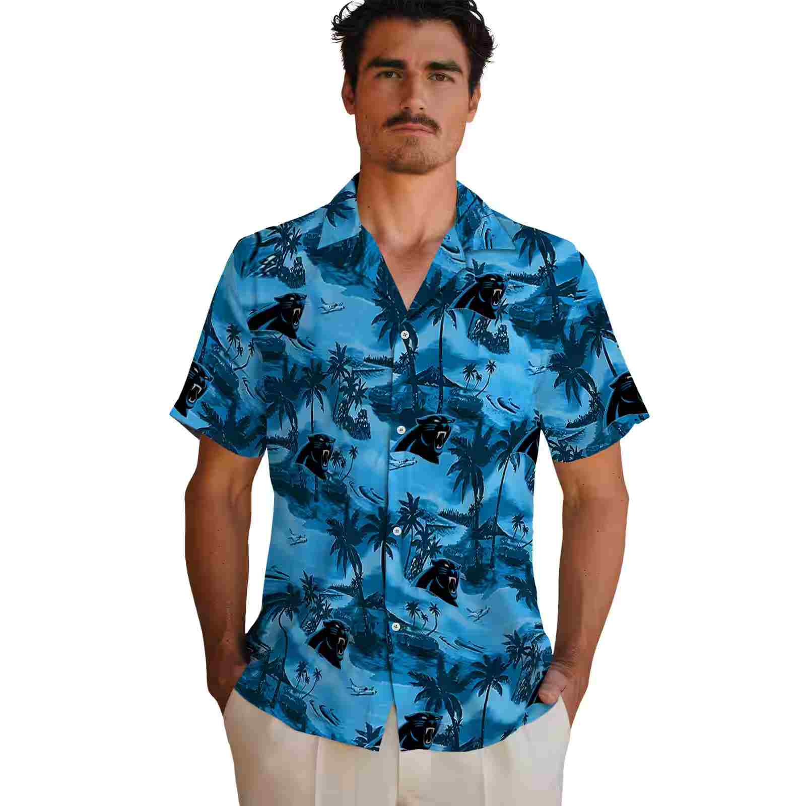 carolina panthers coastal palms blue hawaiian shirt fashion forward