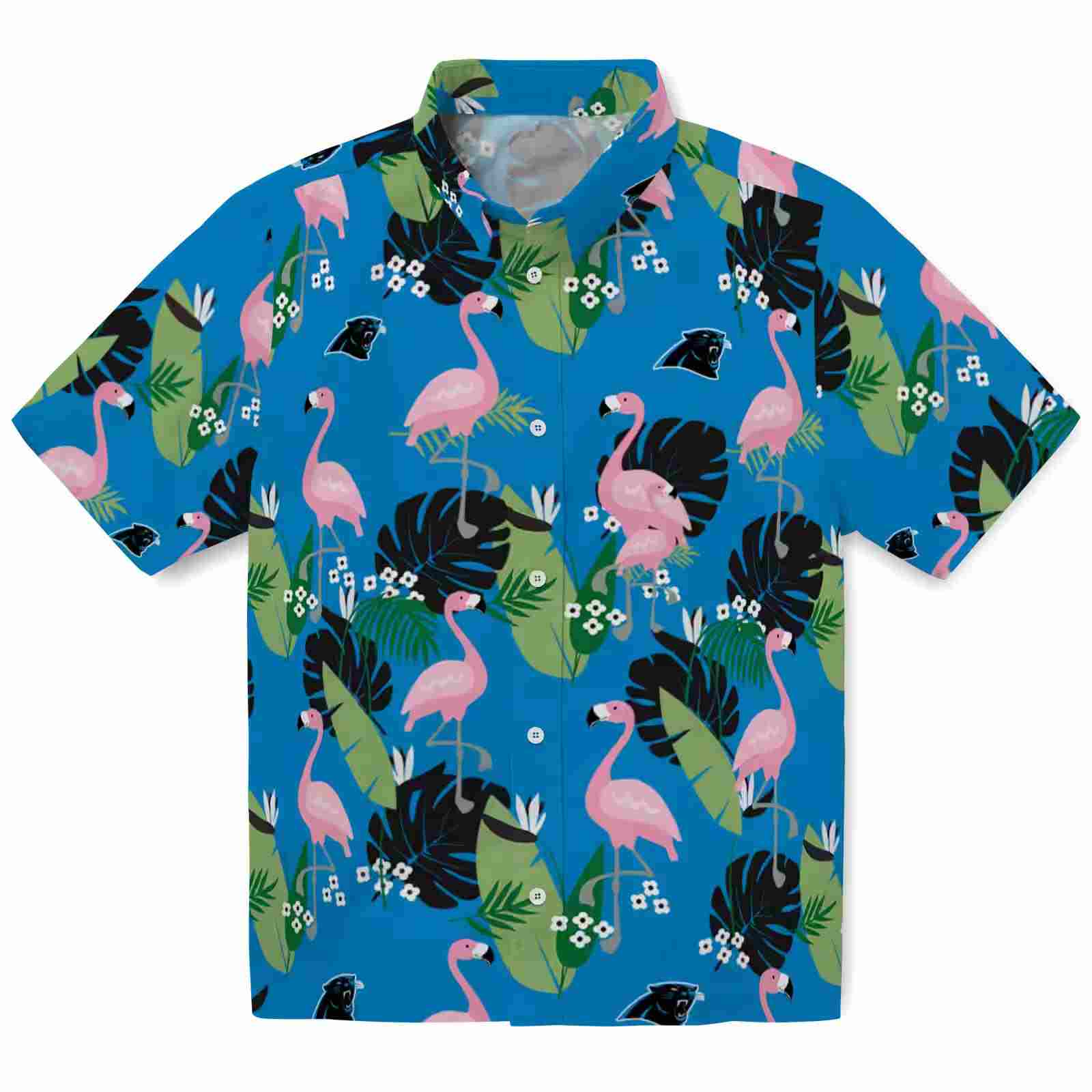 Carolina Panthers Flamingo Leaf Motif Blue Hawaiian Shirt