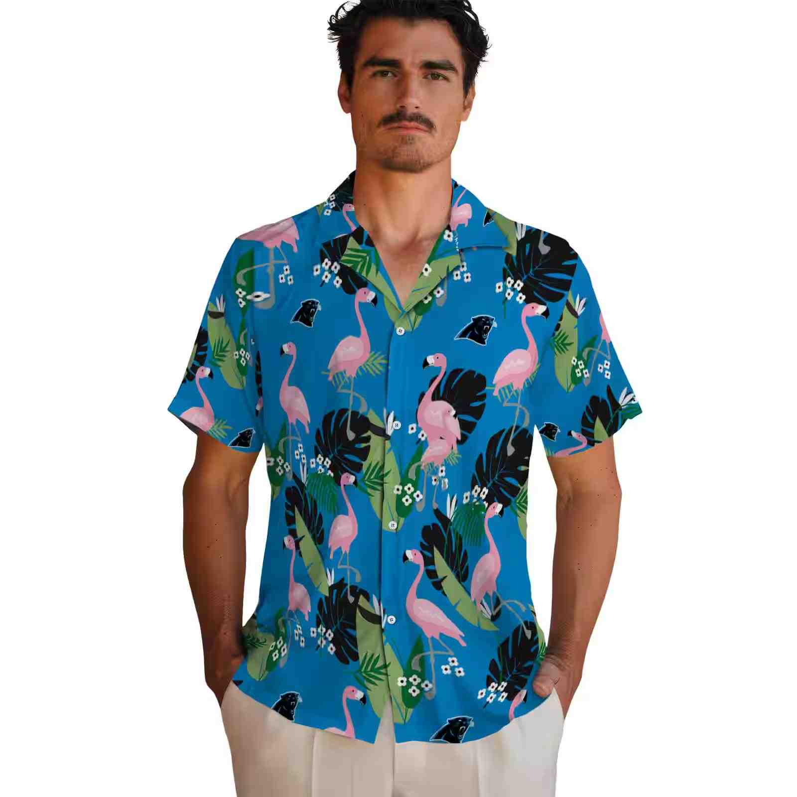 carolina panthers flamingo leaf motif blue hawaiian shirt fashion forward