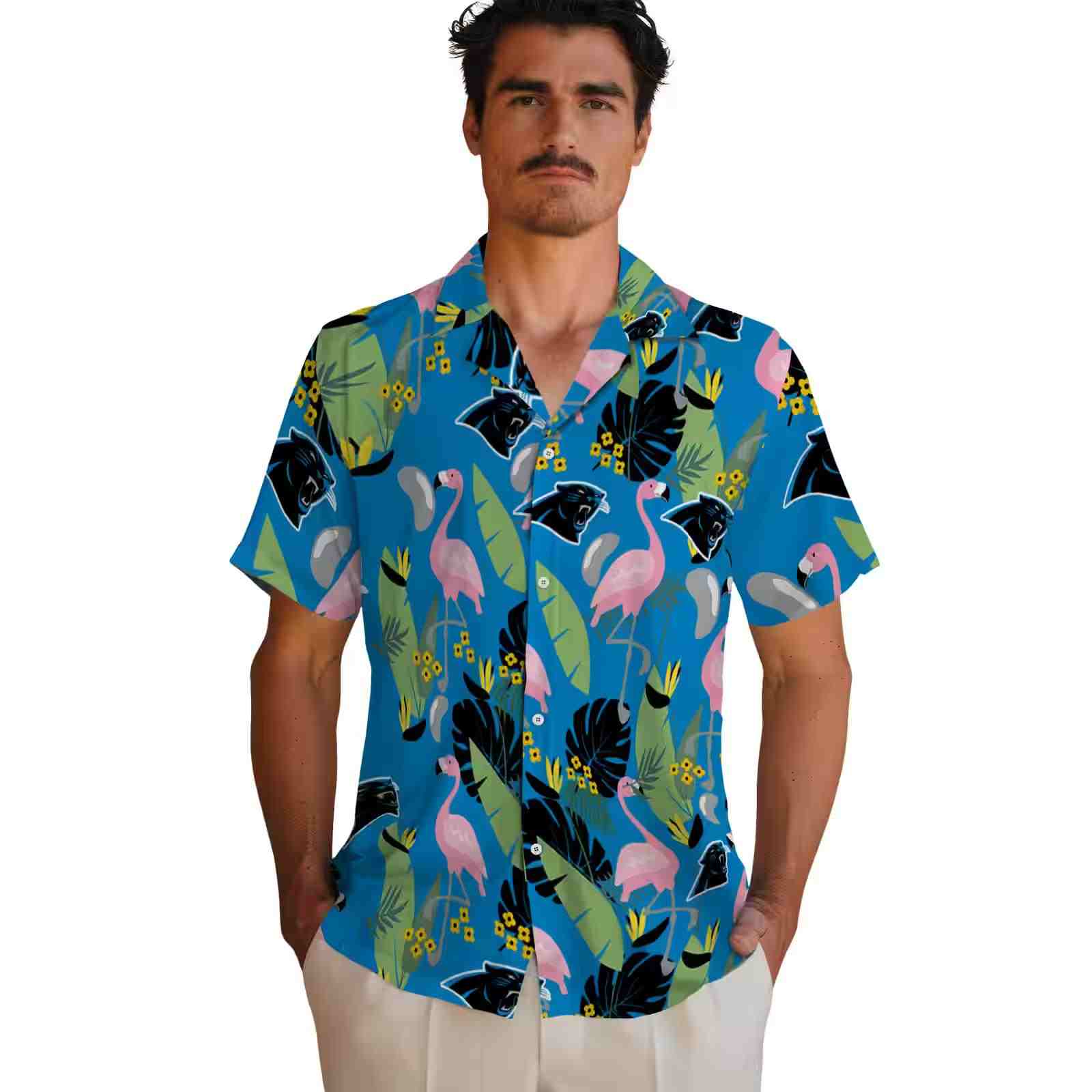 carolina panthers flamingo leaves blue hawaiian shirt fashion forward