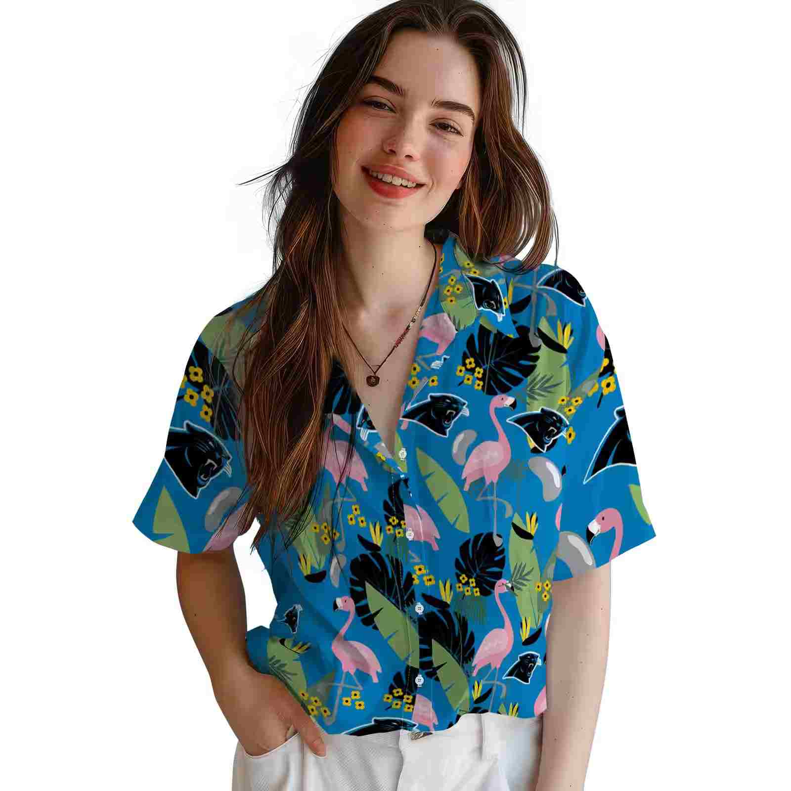 carolina panthers flamingo leaves blue hawaiian shirt latest model