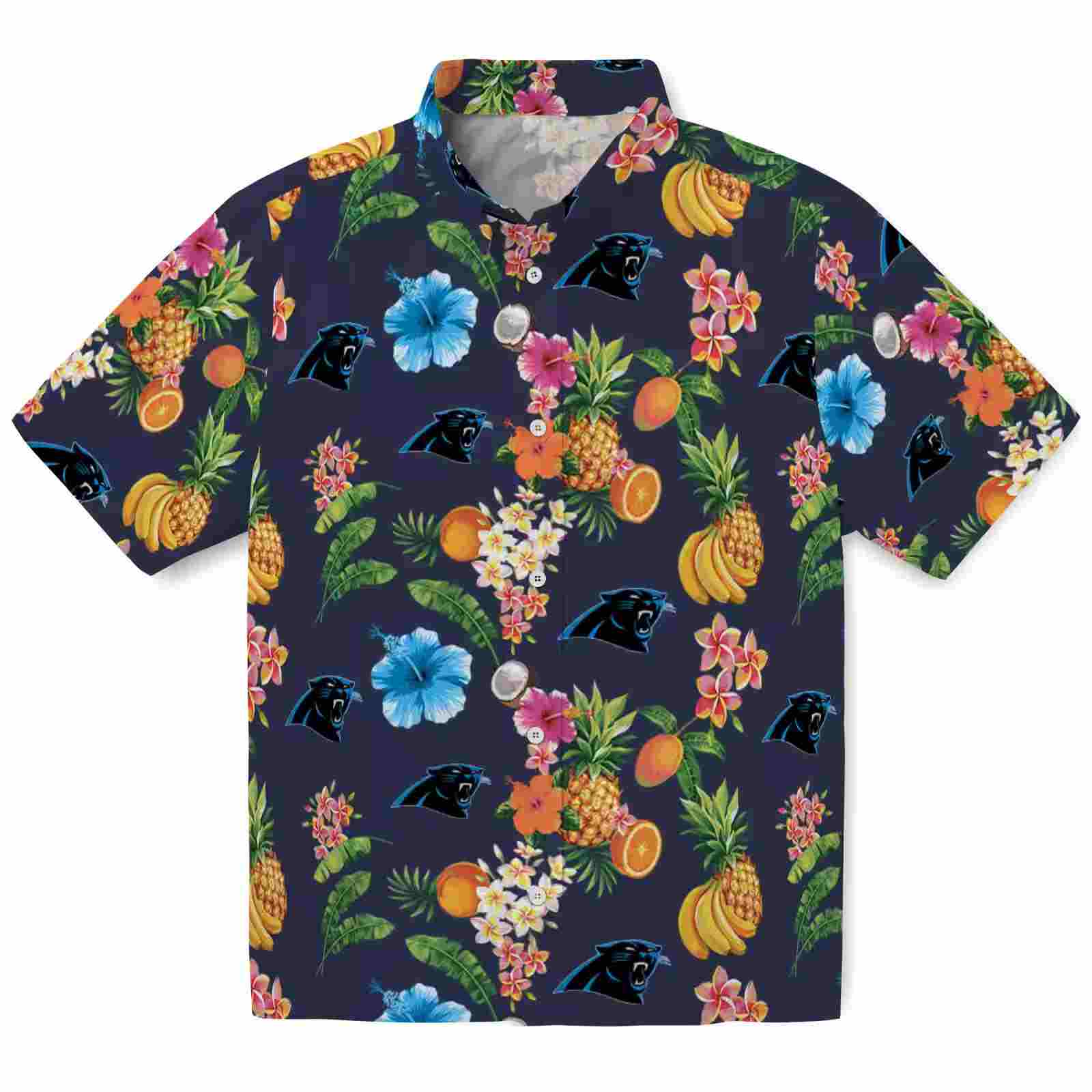 Carolina Panthers Hibiscus And Fruit Navy Blue Hawaiian Shirt