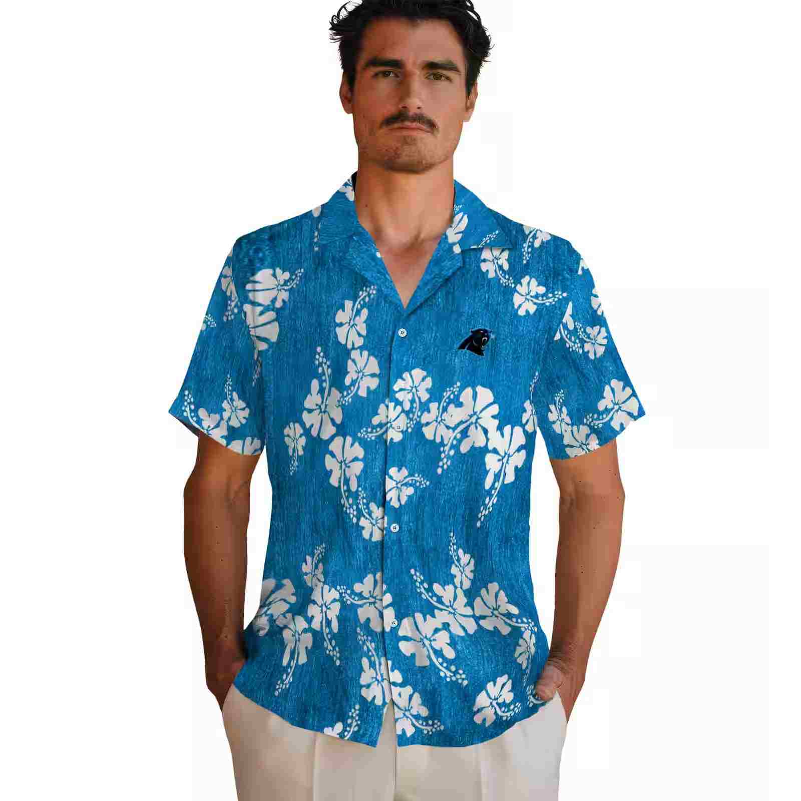 carolina panthers hibiscus clusters blue hawaiian shirt fashion forward