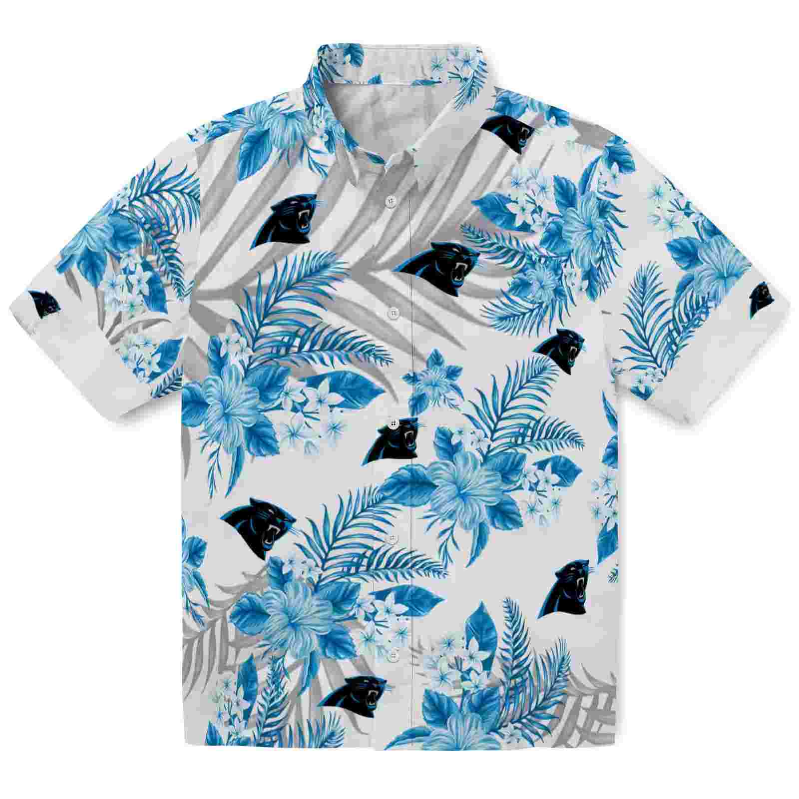 Carolina Panthers Hibiscus Palm Leaves Blue White Hawaiian Shirt