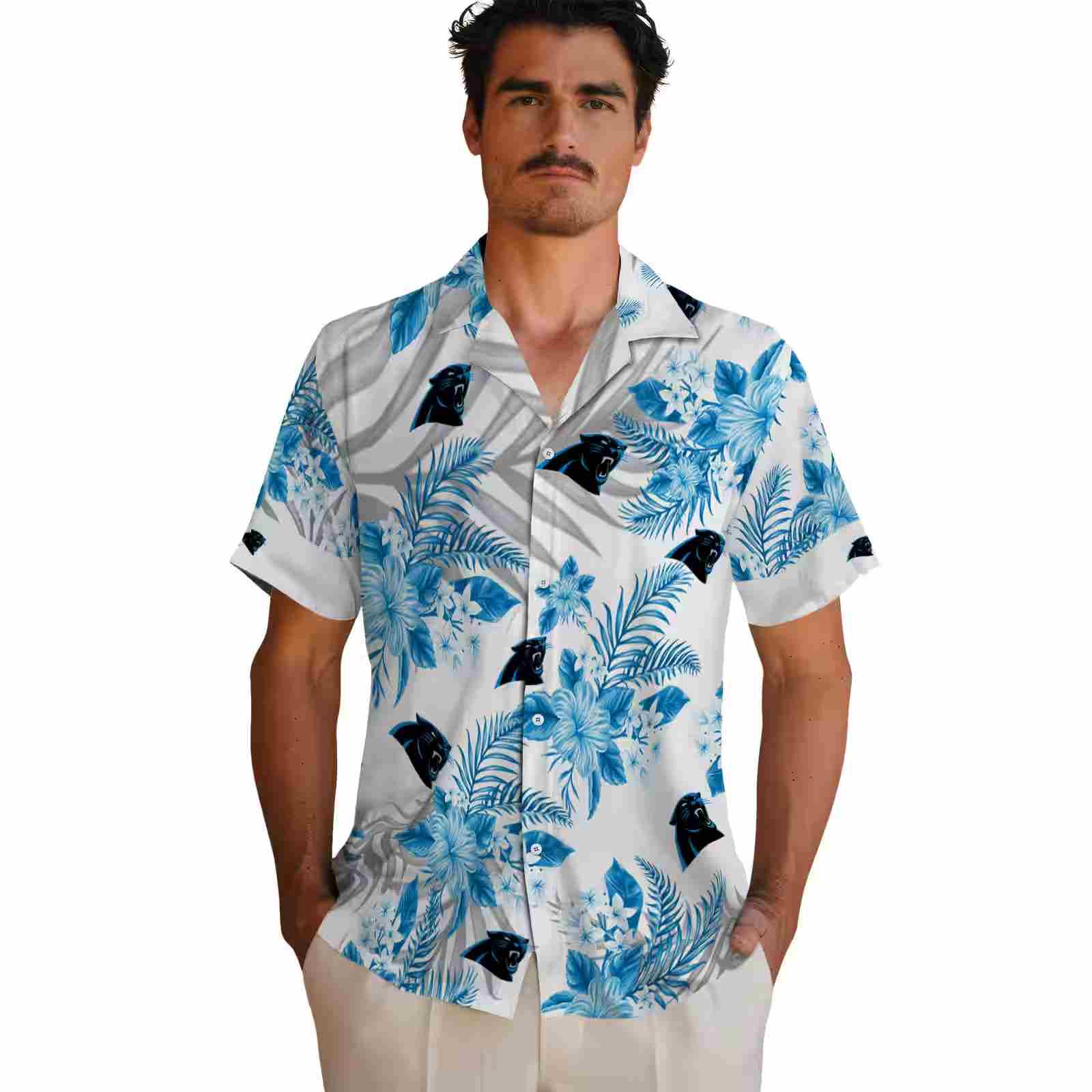 carolina panthers hibiscus palm leaves blue white hawaiian shirt fashion forward