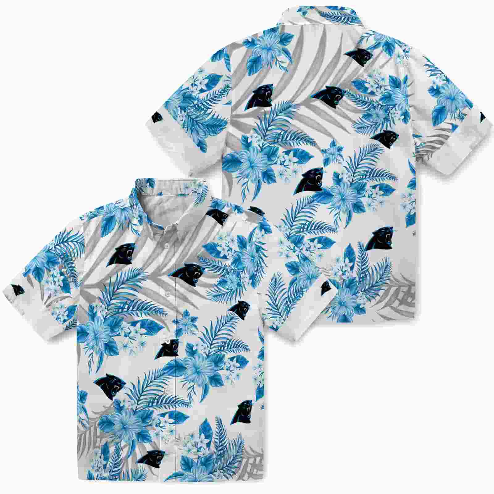 carolina panthers hibiscus palm leaves blue white hawaiian shirt high quality