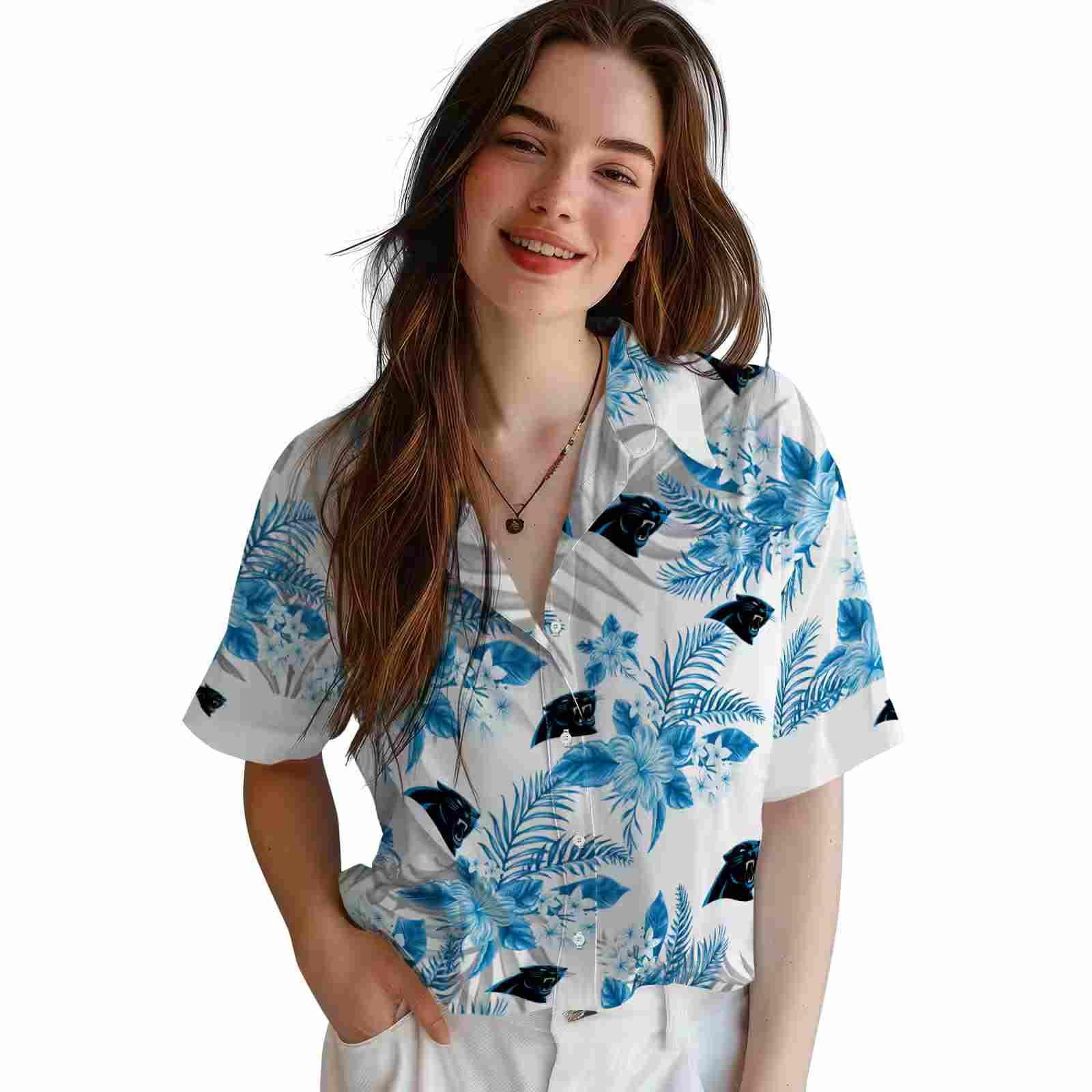 carolina panthers hibiscus palm leaves blue white hawaiian shirt latest model