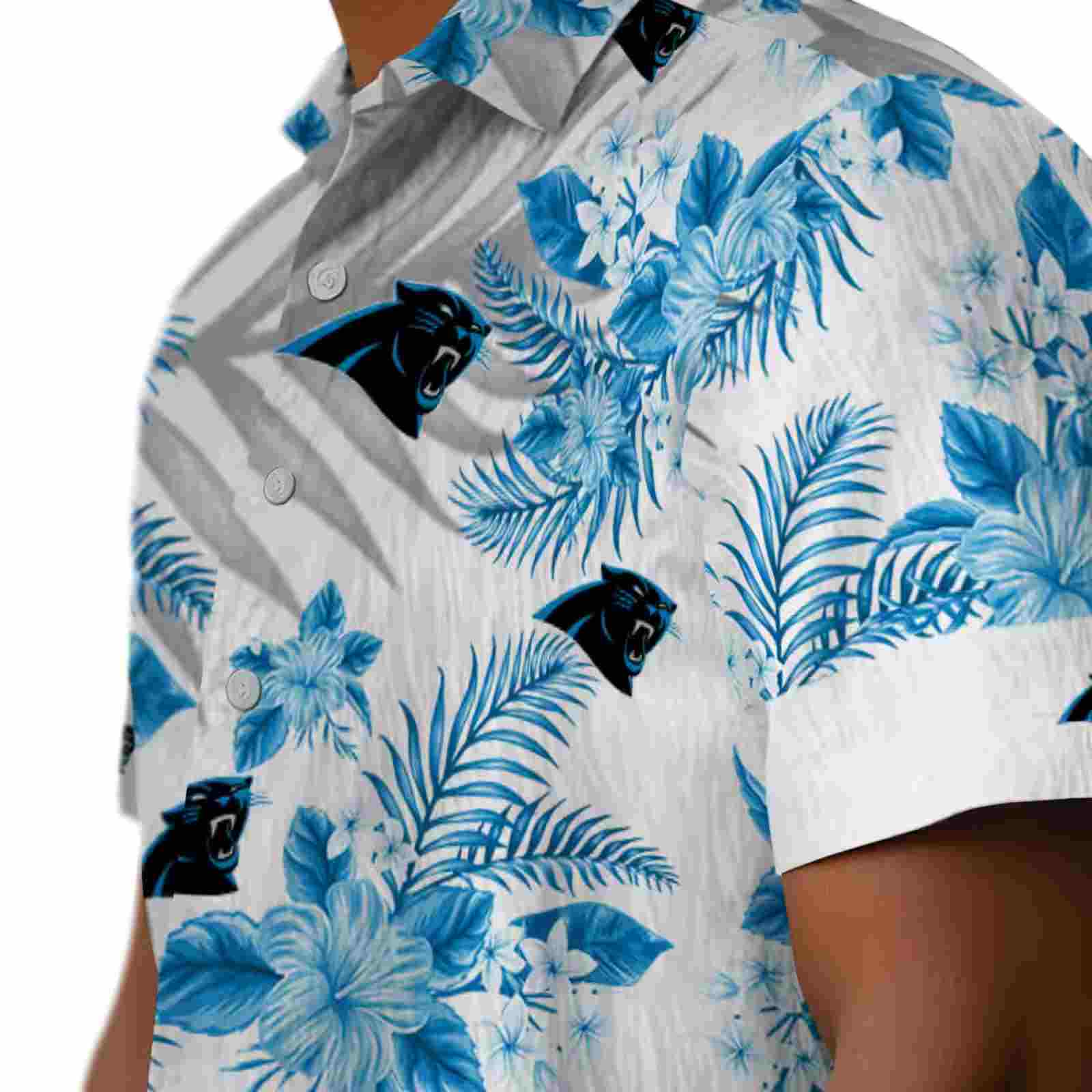 carolina panthers hibiscus palm leaves blue white hawaiian shirt trendy