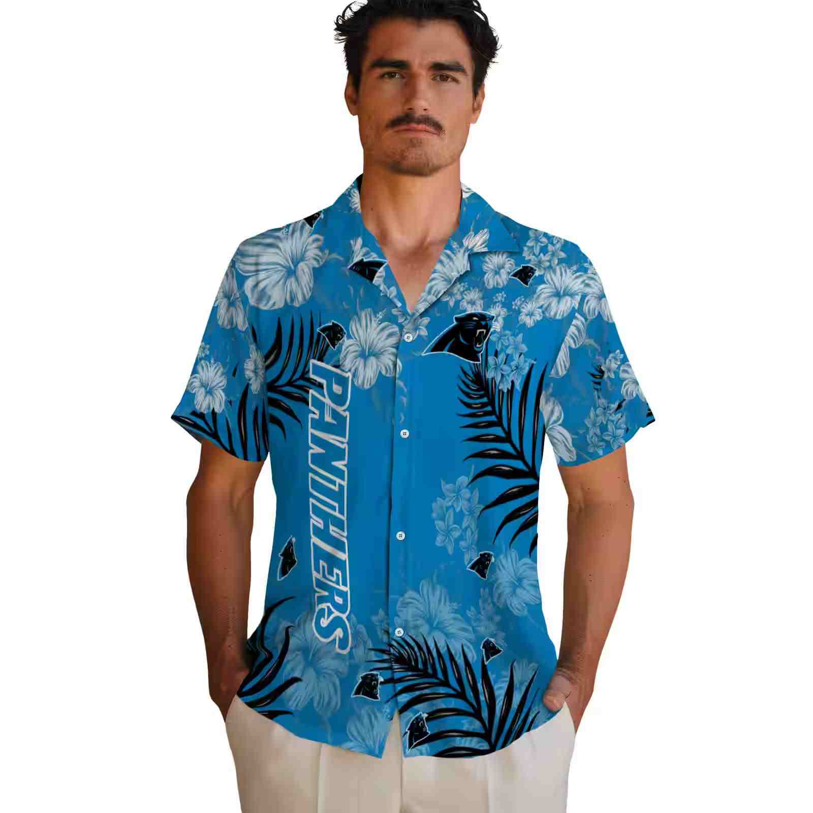 carolina panthers hibiscus print blue hawaiian shirt fashion forward