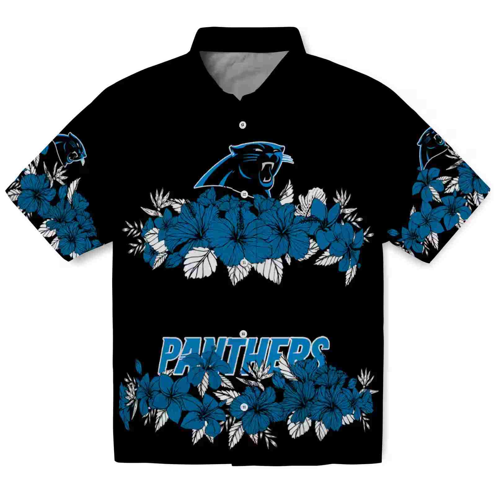 Carolina Panthers Hibiscus Stripe Blue Black Hawaiian Shirt