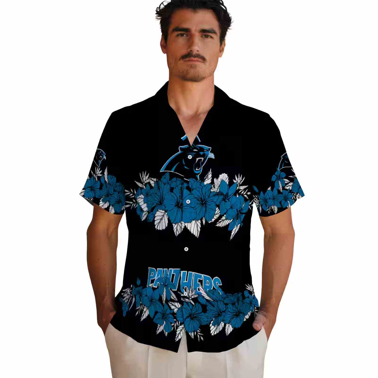 carolina panthers hibiscus stripe blue black hawaiian shirt fashion forward