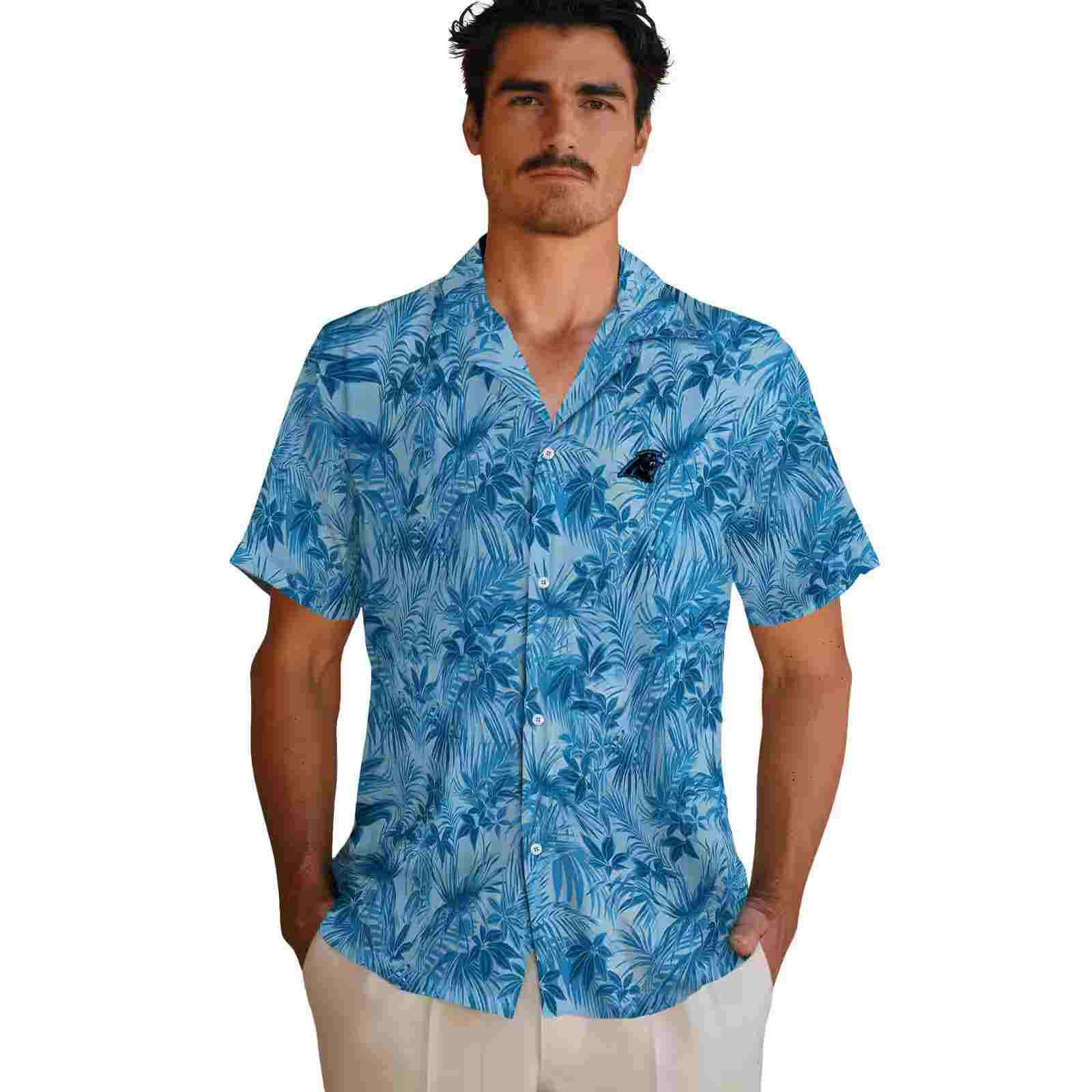 carolina panthers leafy pattern blue hawaiian shirt fashion forward