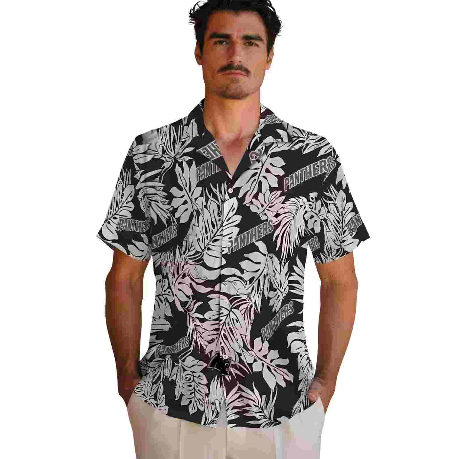 carolina panthers monstera leaf pattern black hawaiian shirt fashion forward