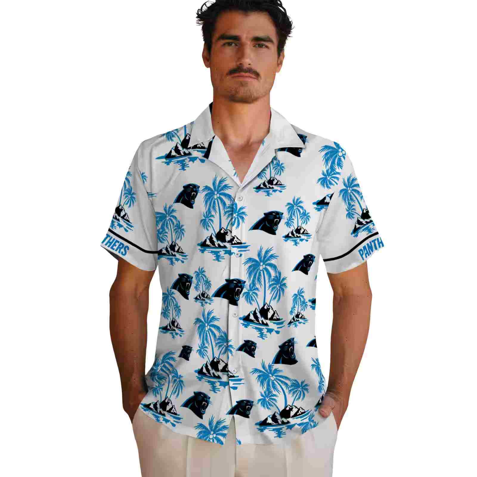 carolina panthers palm island print blue white hawaiian shirt fashion forward