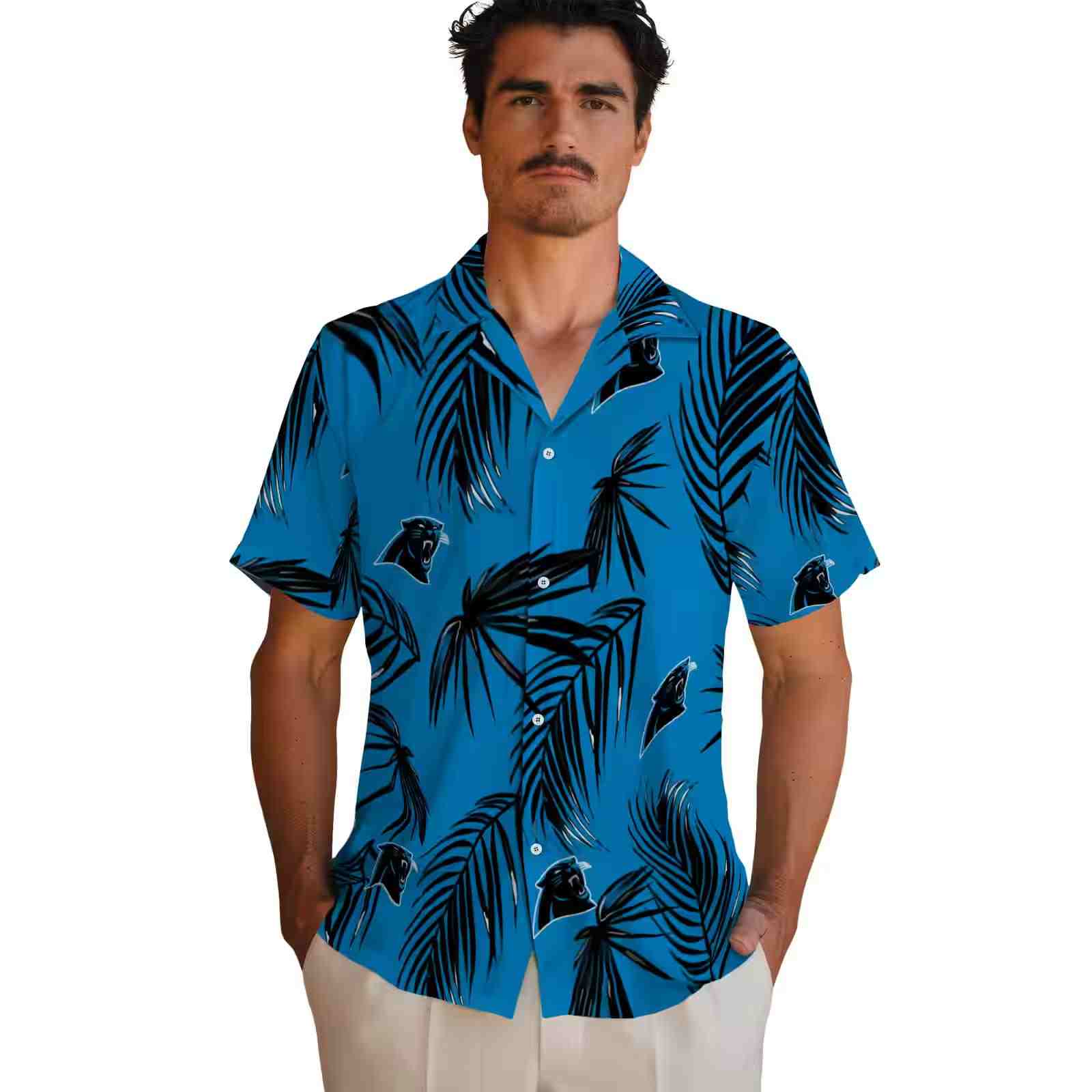 carolina panthers palm leaf blue hawaiian shirt fashion forward