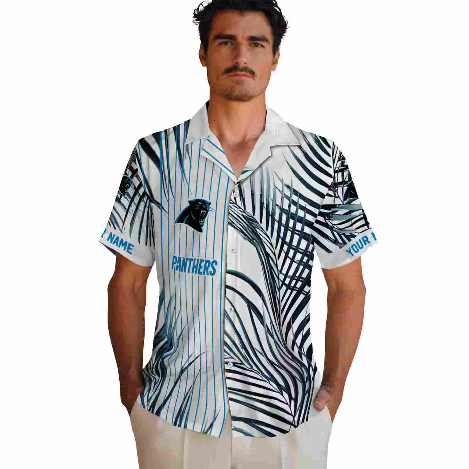 carolina panthers palm stripes blue black white hawaiian shirt fashion forward