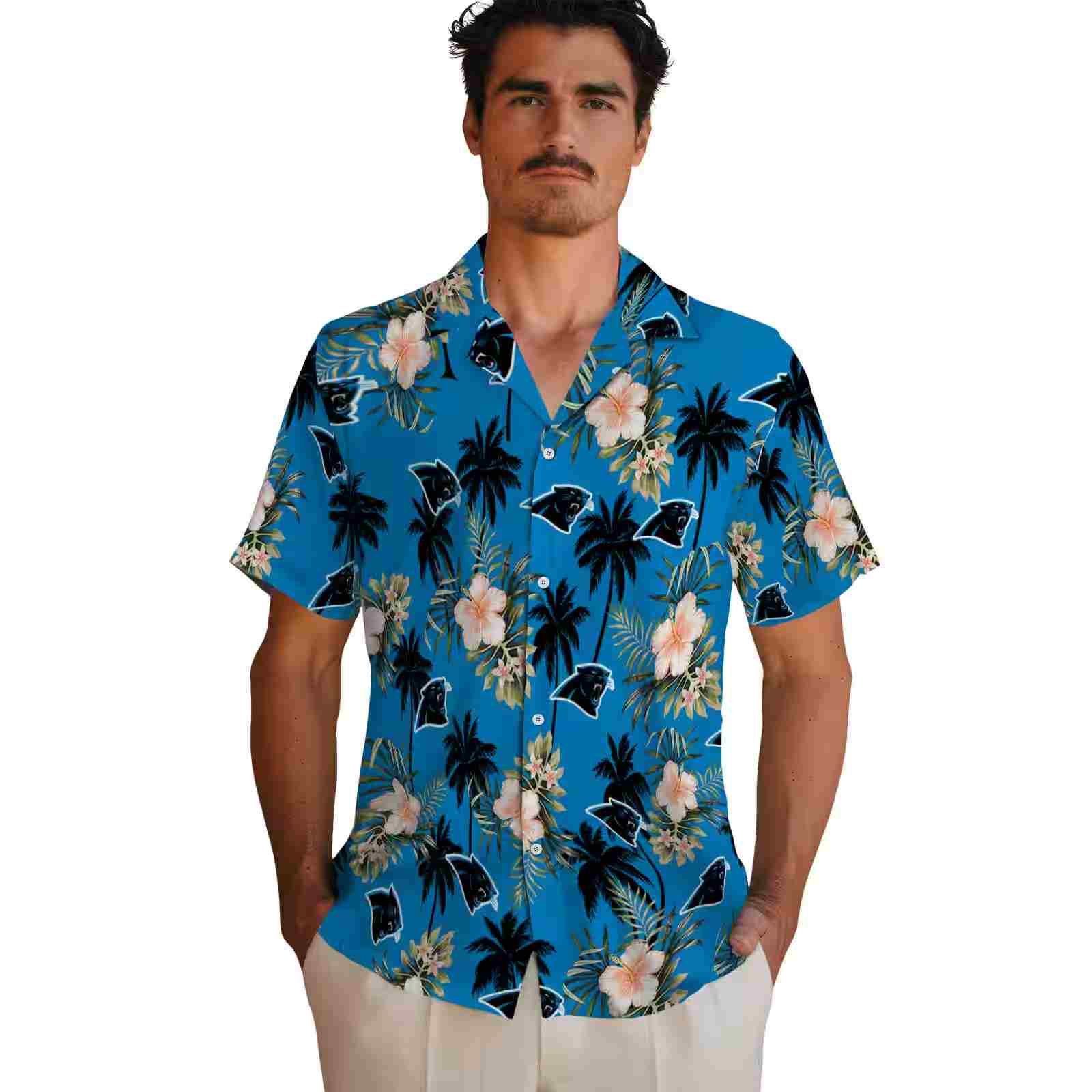 carolina panthers palm tree flower blue hawaiian shirt fashion forward