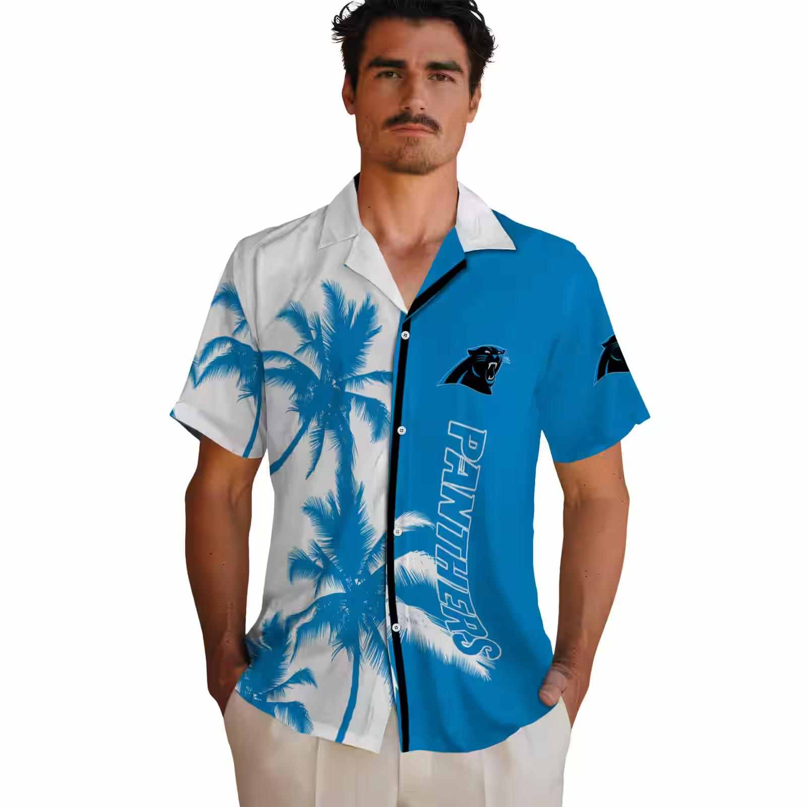 carolina panthers palm trees blue white hawaiian shirt fashion forward