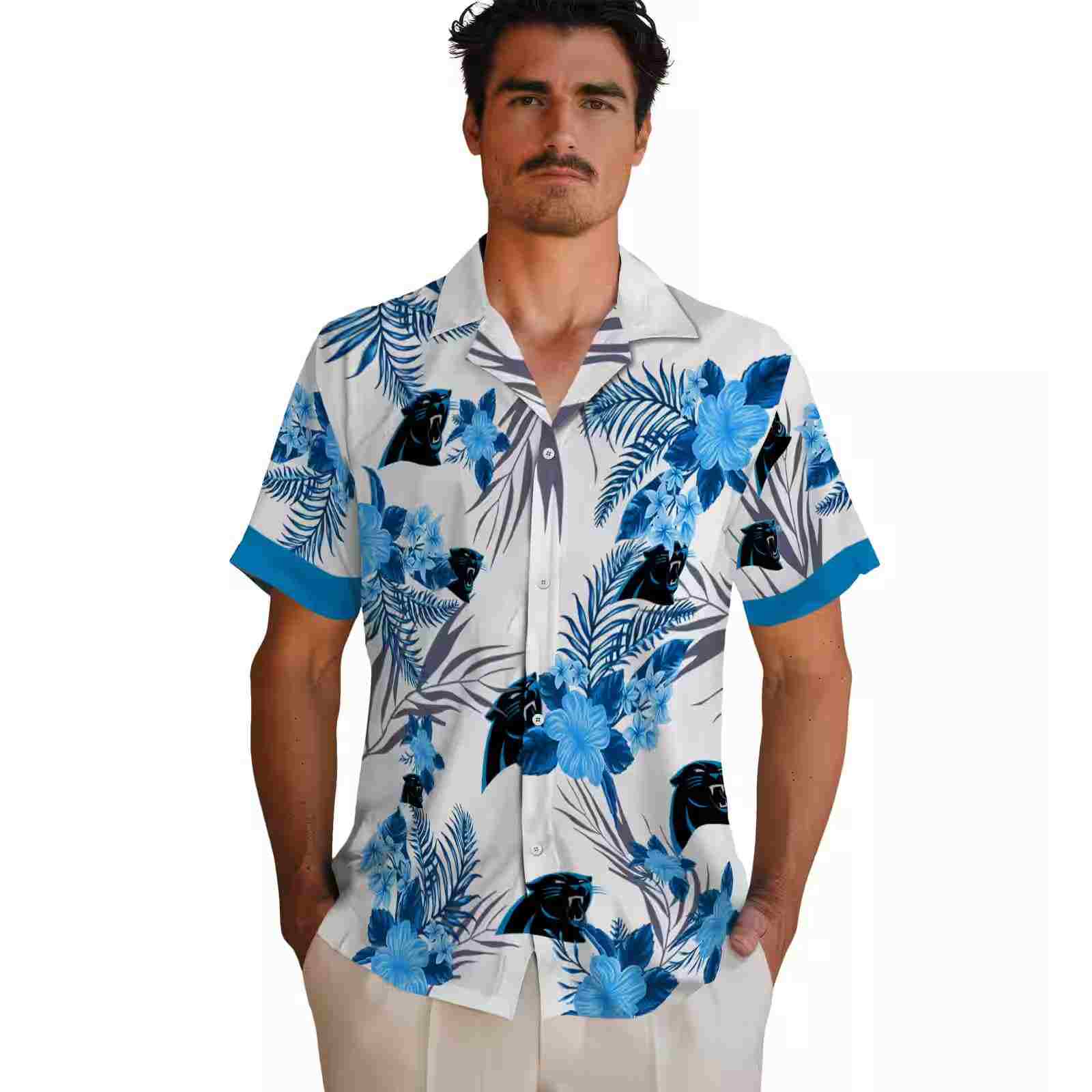 carolina panthers patriotic hibiscus design blue white hawaiian shirt fashion forward