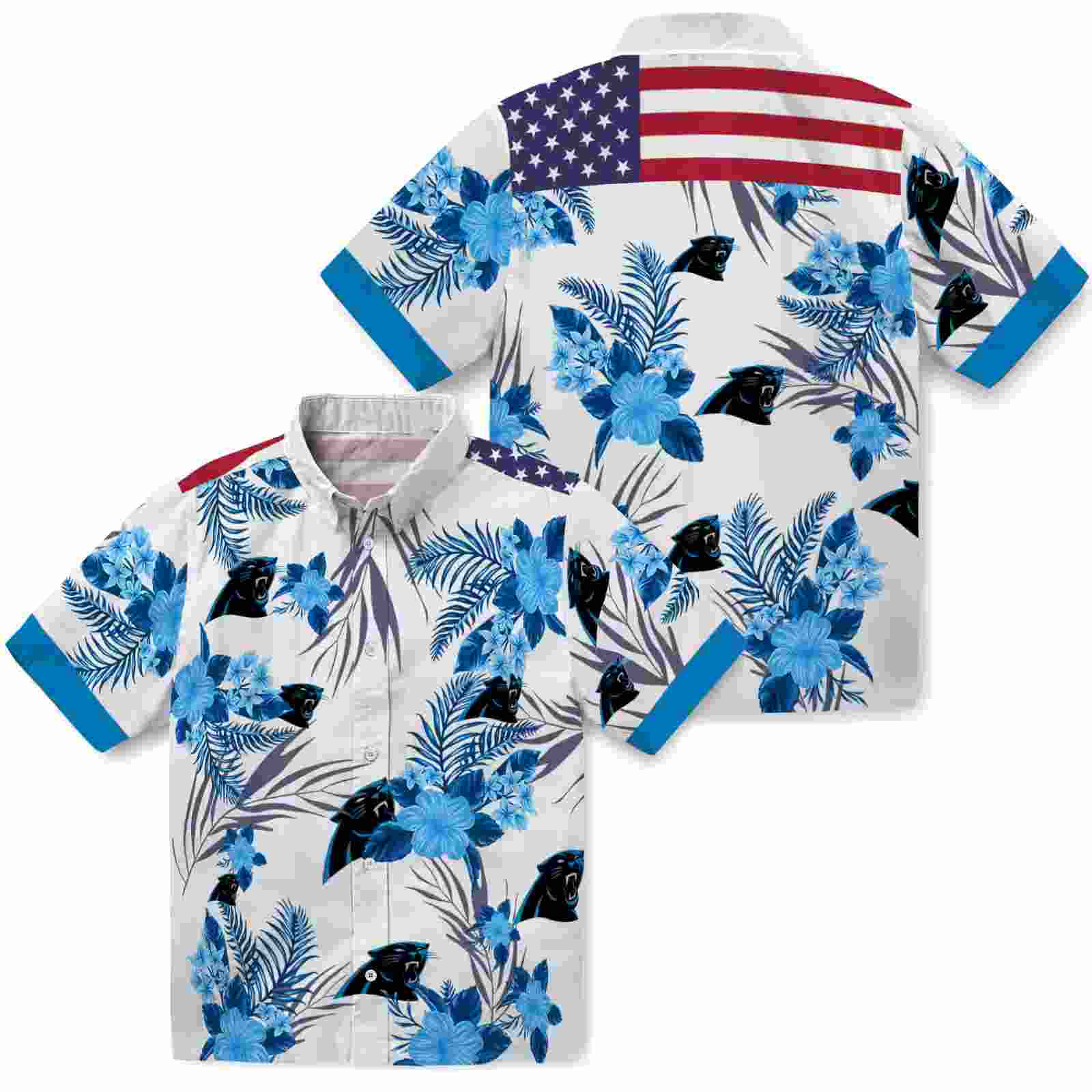 carolina panthers patriotic hibiscus design blue white hawaiian shirt high quality