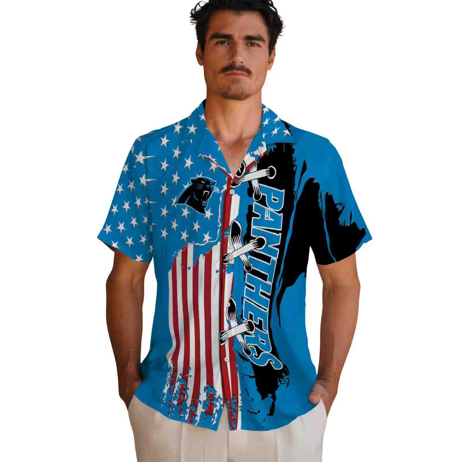 carolina panthers stitched flag blue hawaiian shirt fashion forward