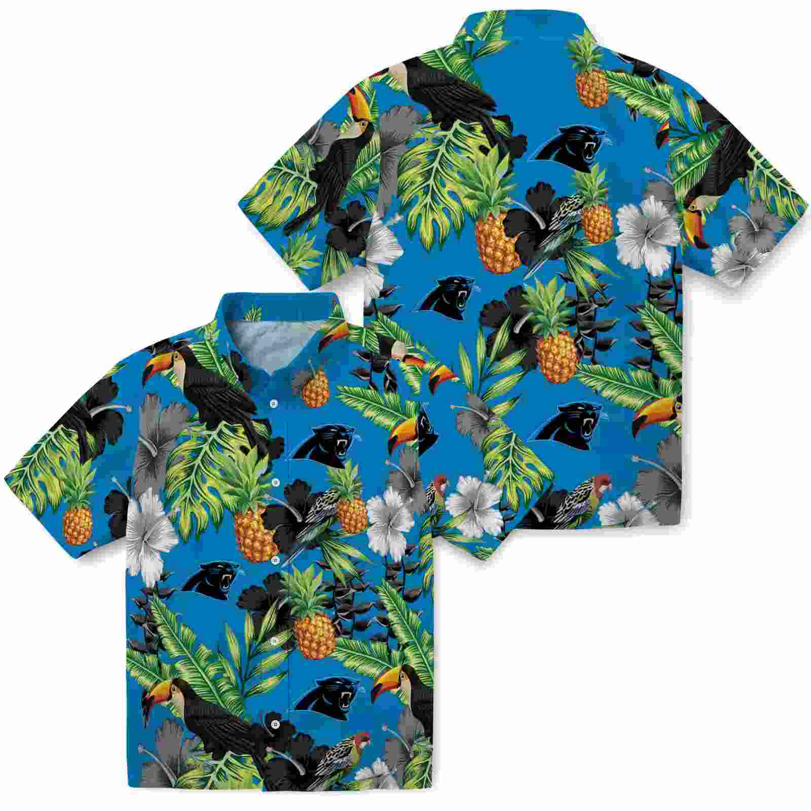 carolina panthers toucan hibiscus pineapple blue green hawaiian shirt high quality