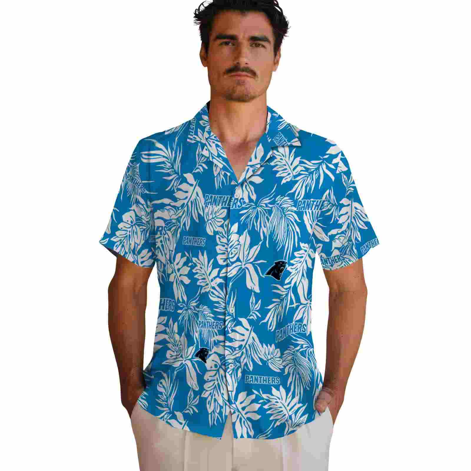 carolina panthers tropical leaf blue white hawaiian shirt fashion forward