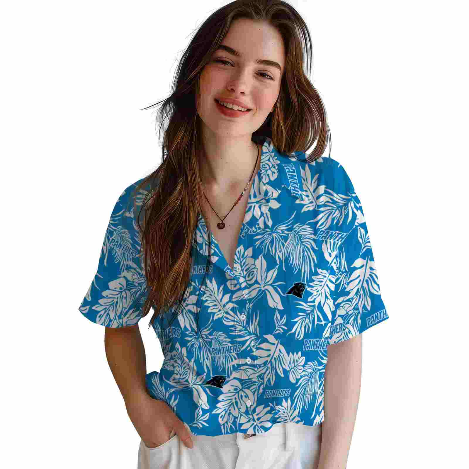 carolina panthers tropical leaf blue white hawaiian shirt latest model