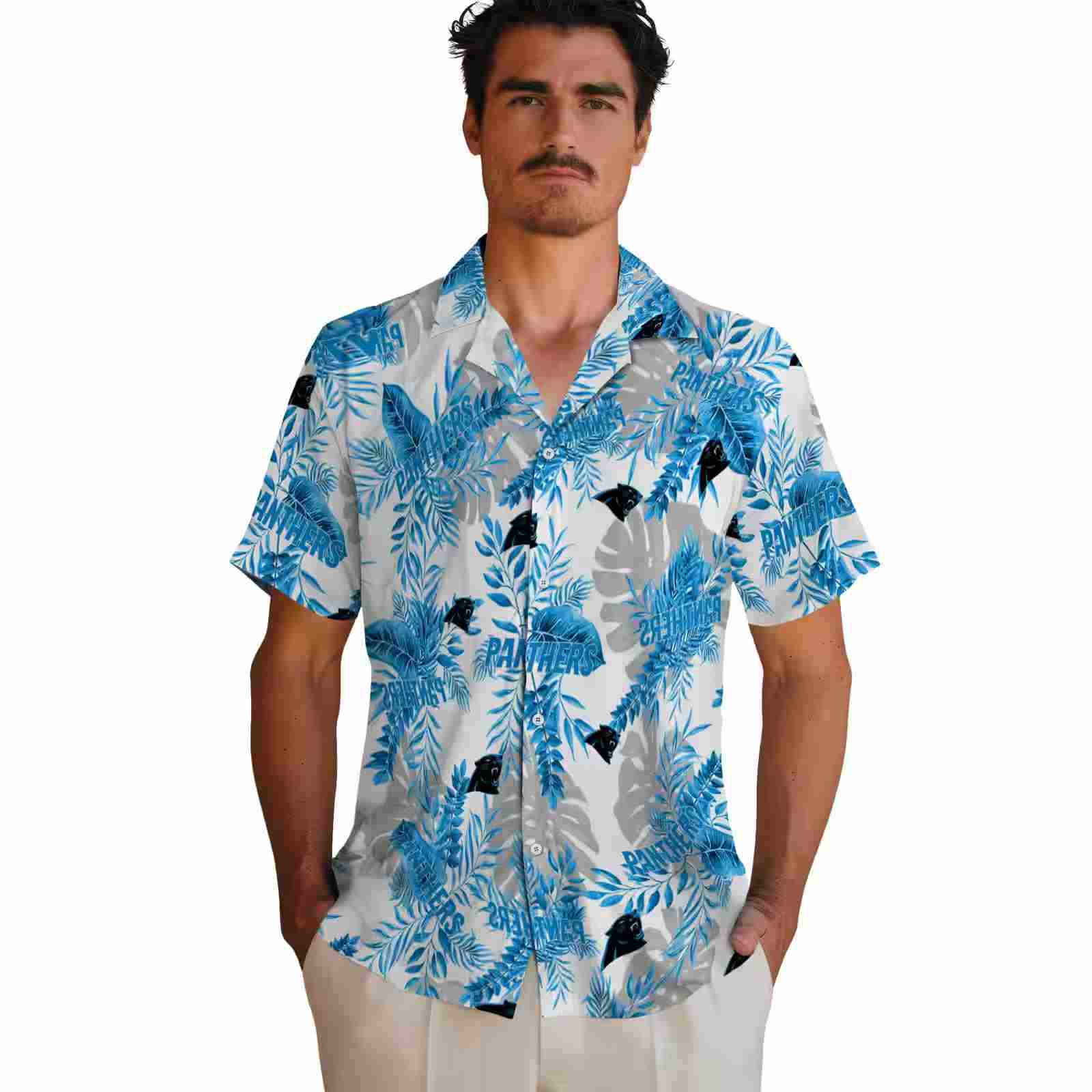 carolina panthers tropical leaves blue white hawaiian shirt fashion forward