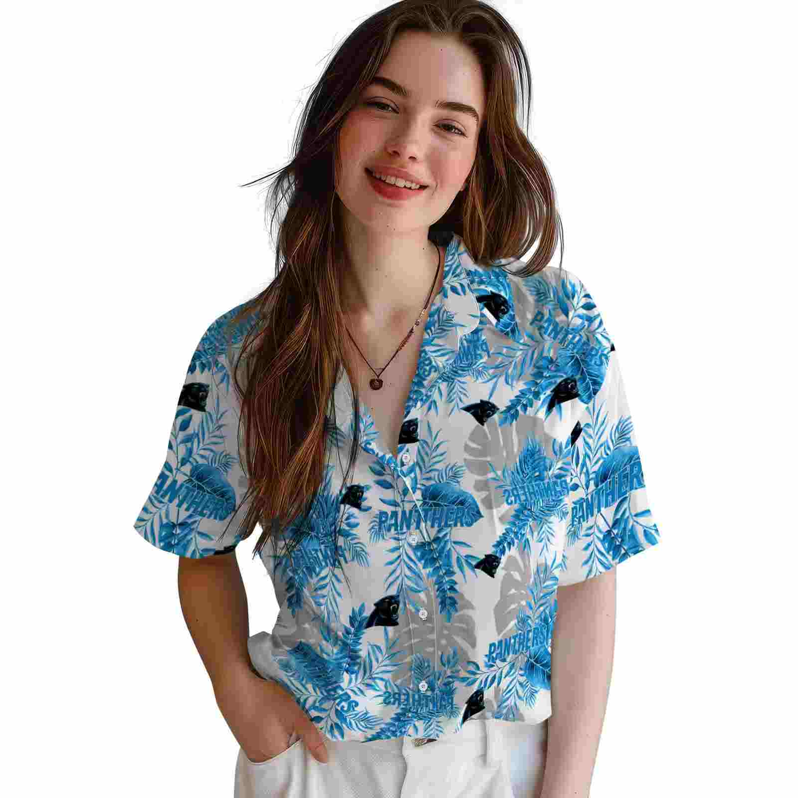 carolina panthers tropical leaves blue white hawaiian shirt latest model