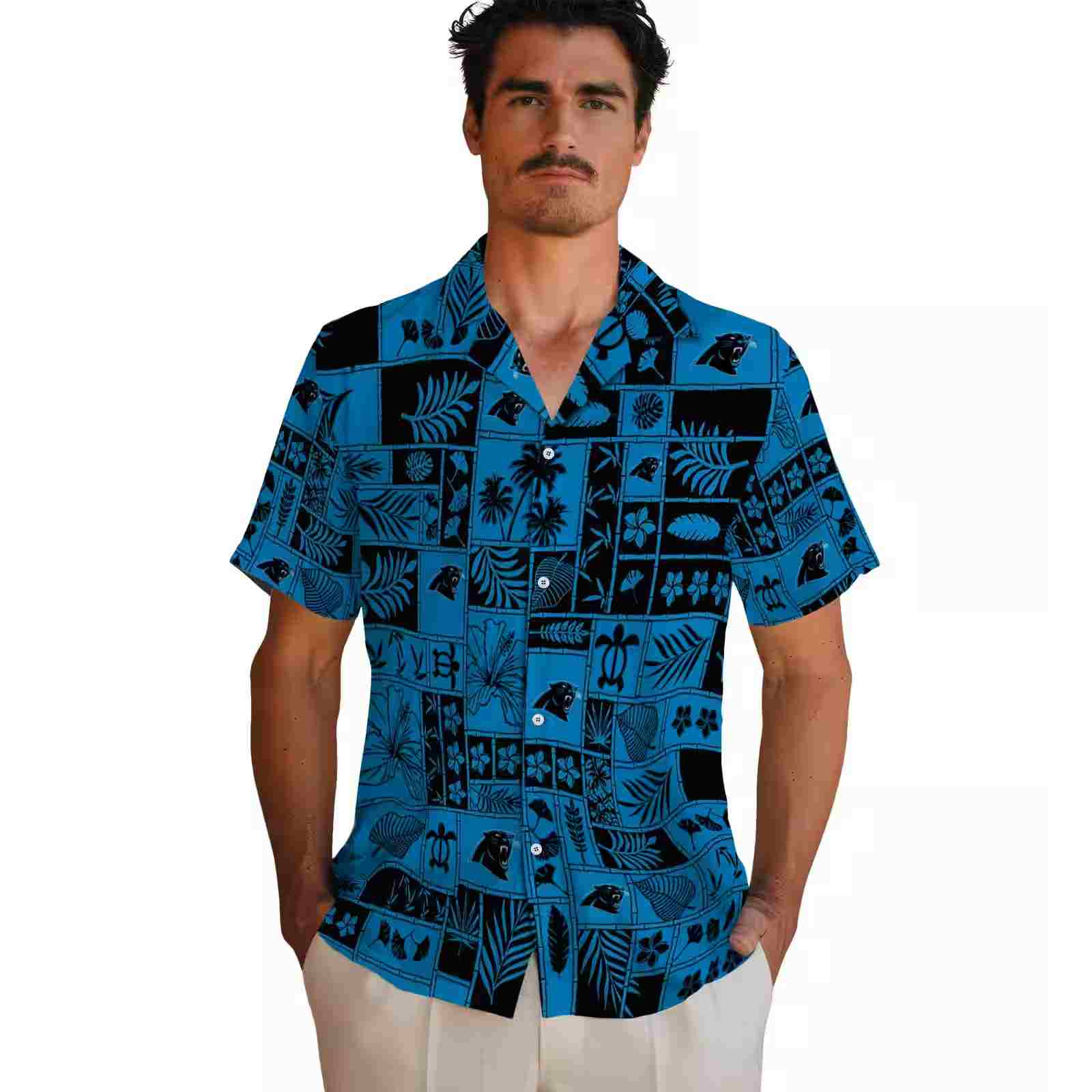 carolina panthers tropical patchwork blue black hawaiian shirt fashion forward