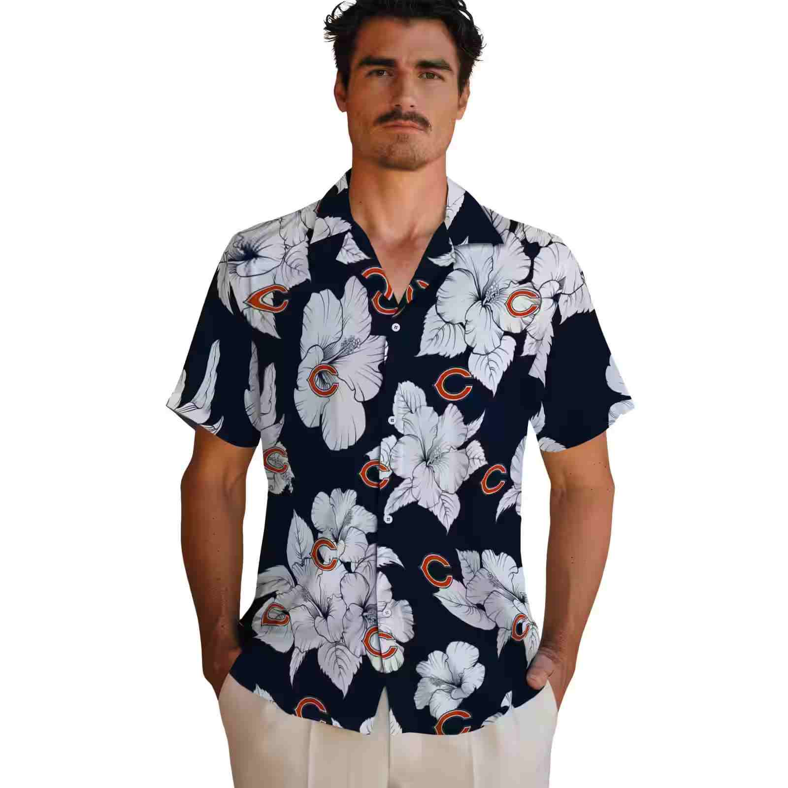 chicago bears hibiscus blooms blue white hawaiian shirt fashion forward