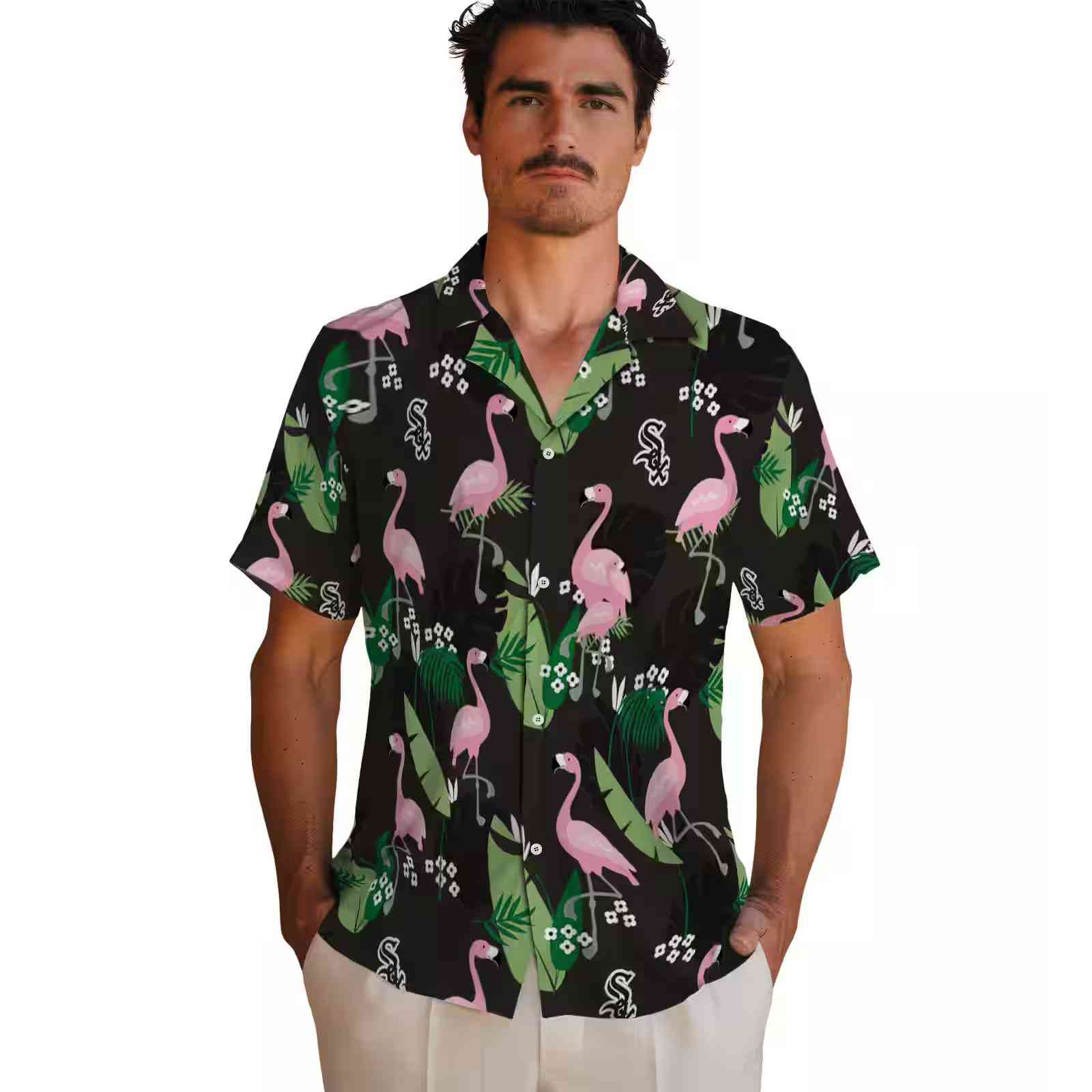 chicago white sox flamingo leaf motif black hawaiian shirt fashion forward