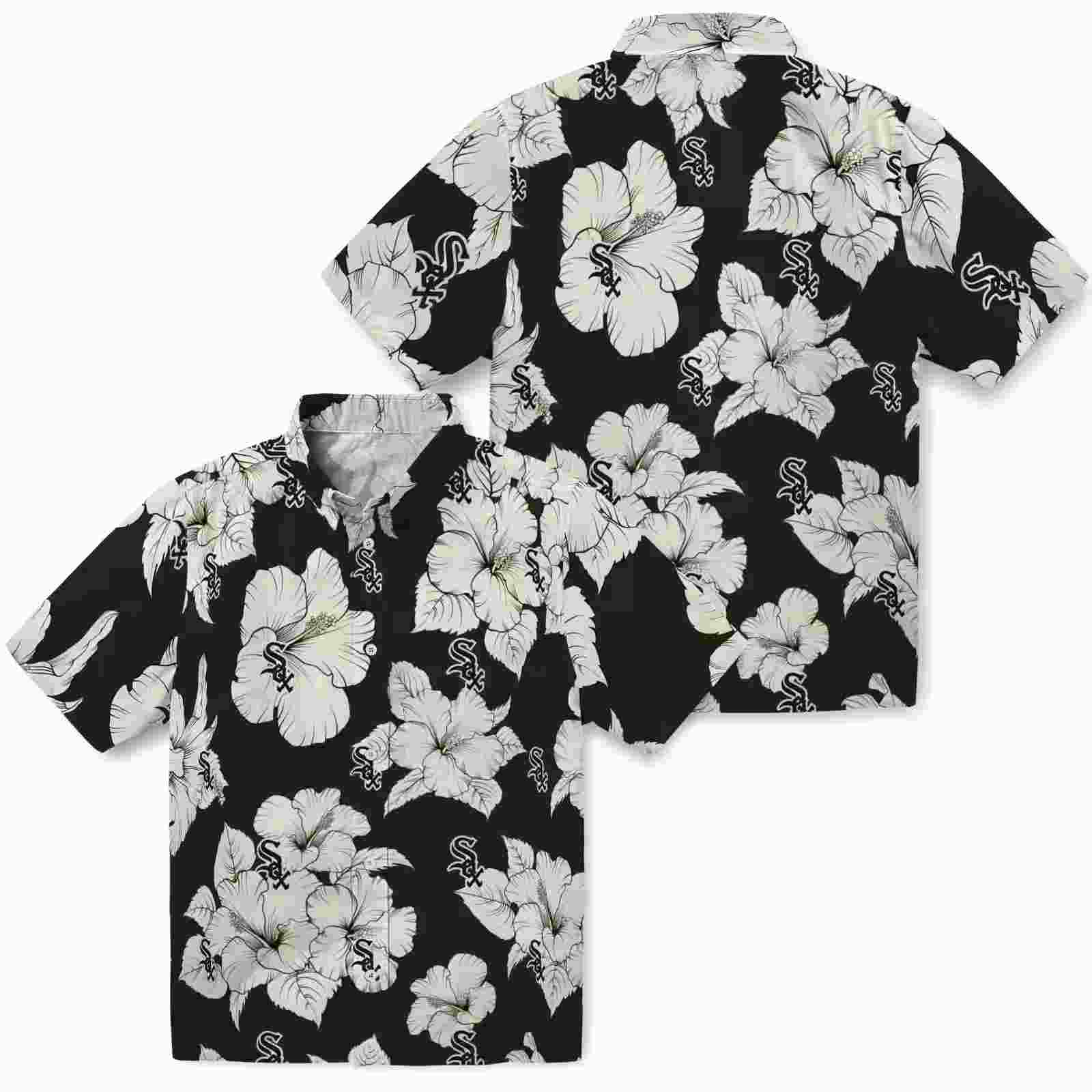 chicago white sox hibiscus blooms black white hawaiian shirt high quality