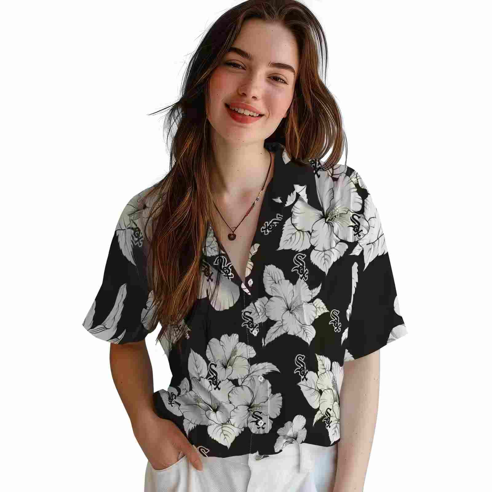 chicago white sox hibiscus blooms black white hawaiian shirt latest model