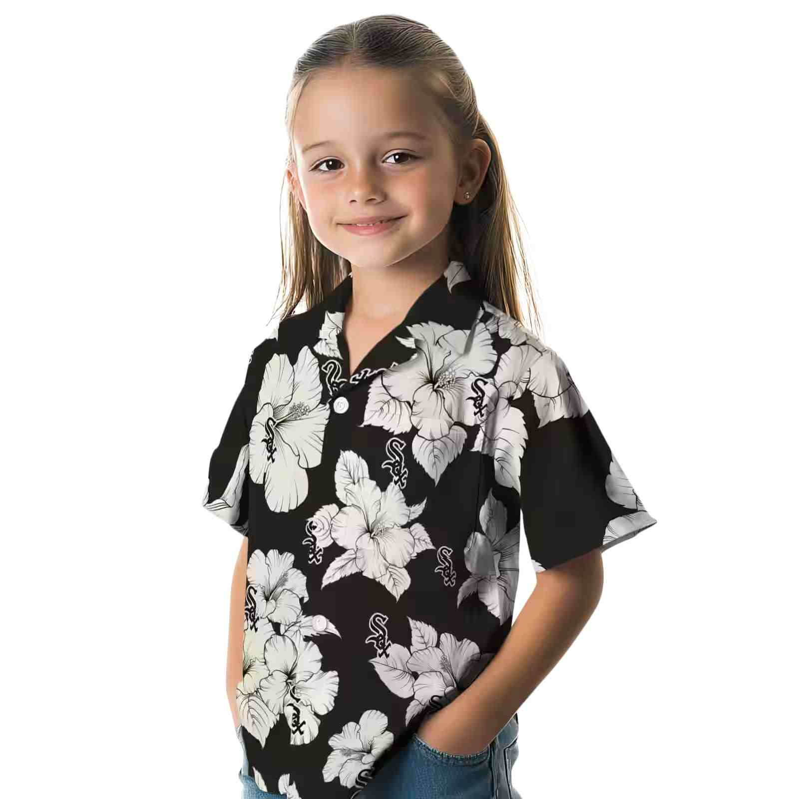 chicago white sox hibiscus blooms black white hawaiian shirt premium grade