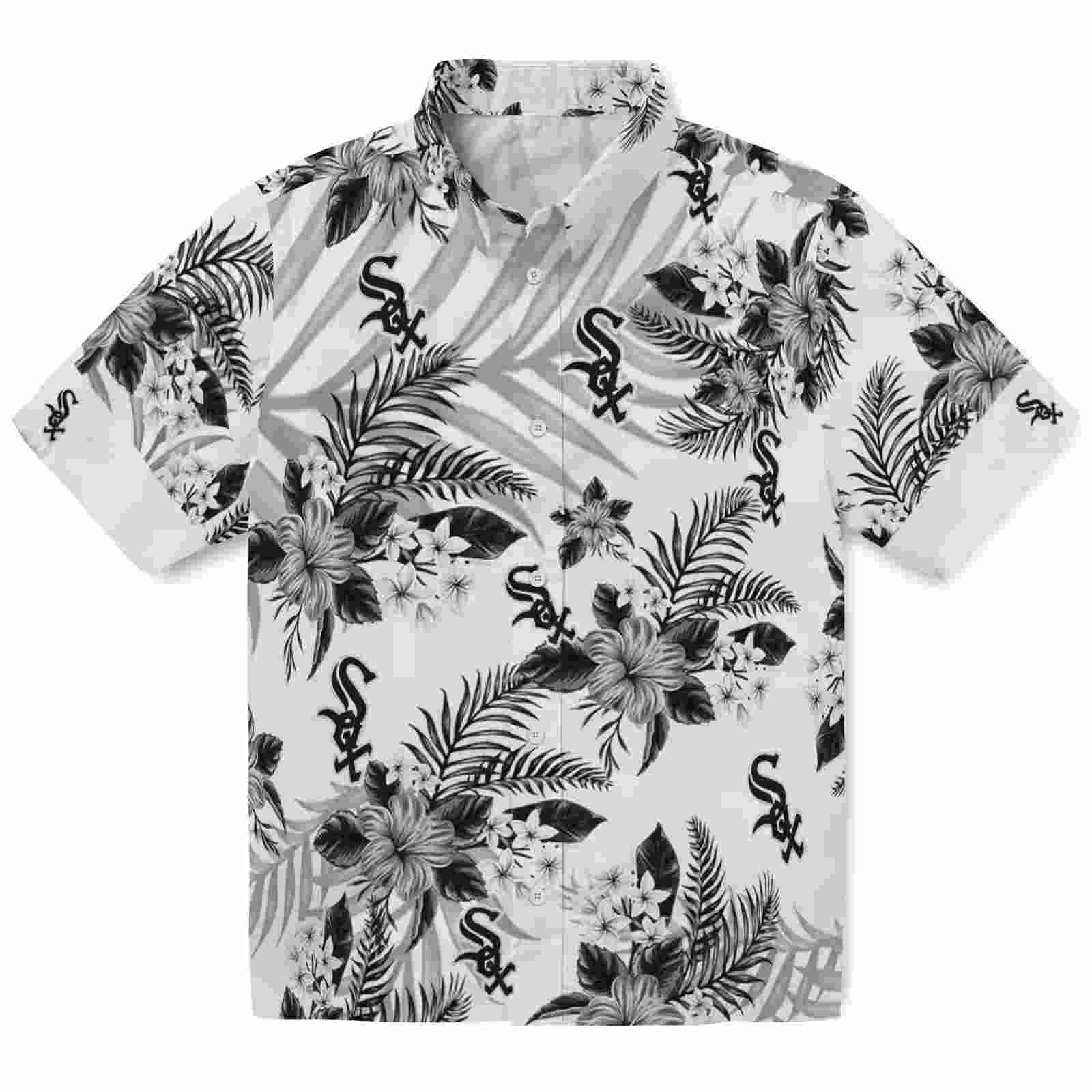 Chicago White Sox Hibiscus Palm Leaves Black White Hawaiian Shirt