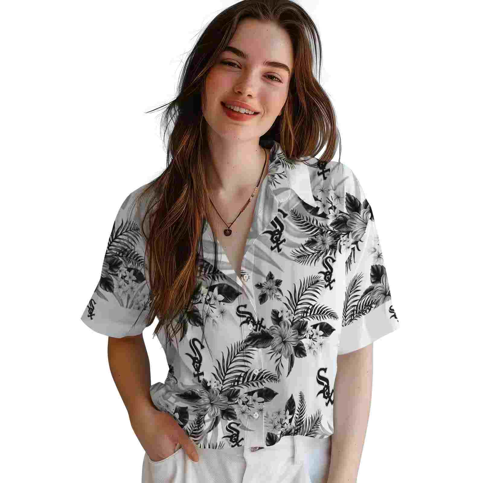 chicago white sox hibiscus palm leaves black white hawaiian shirt latest model