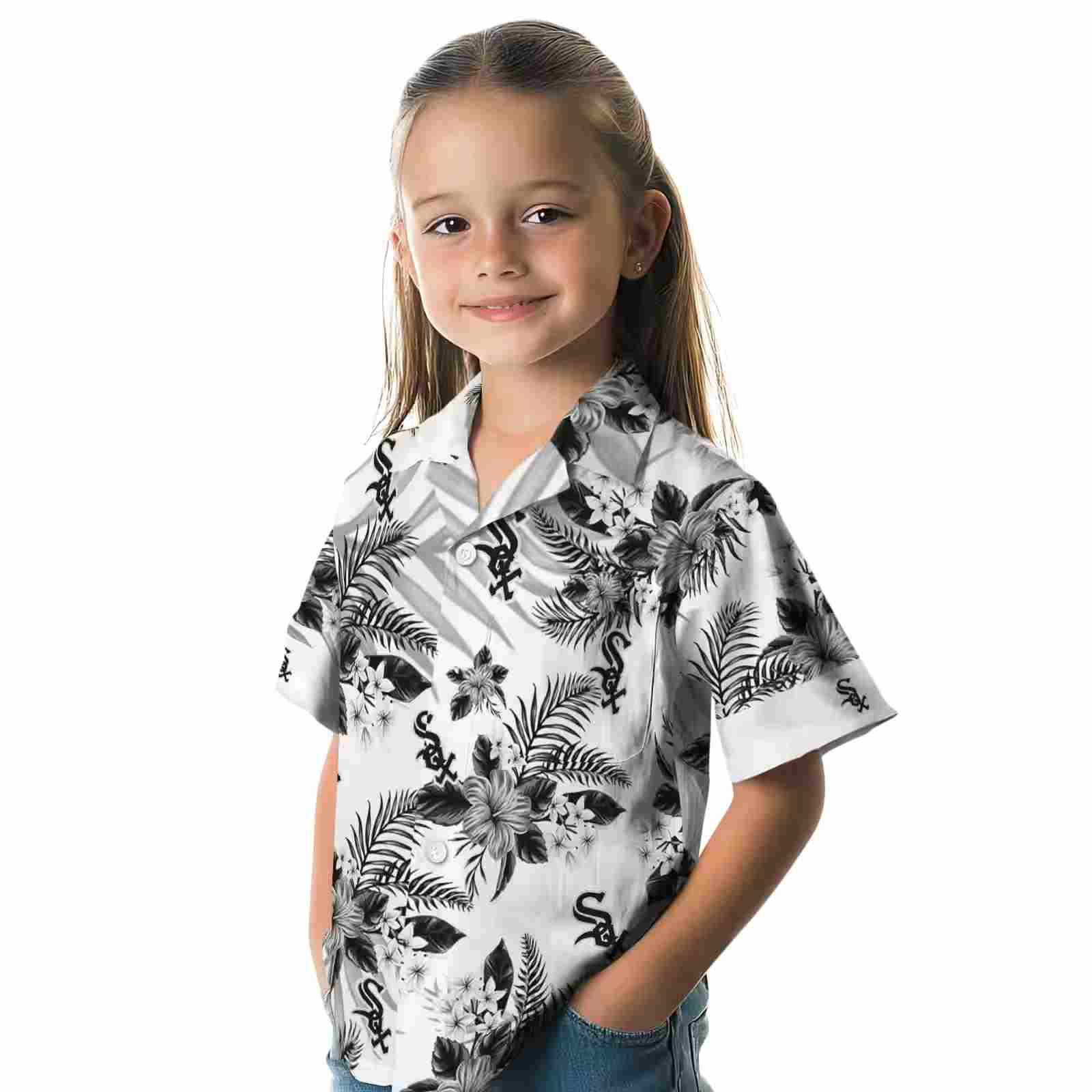 chicago white sox hibiscus palm leaves black white hawaiian shirt premium grade