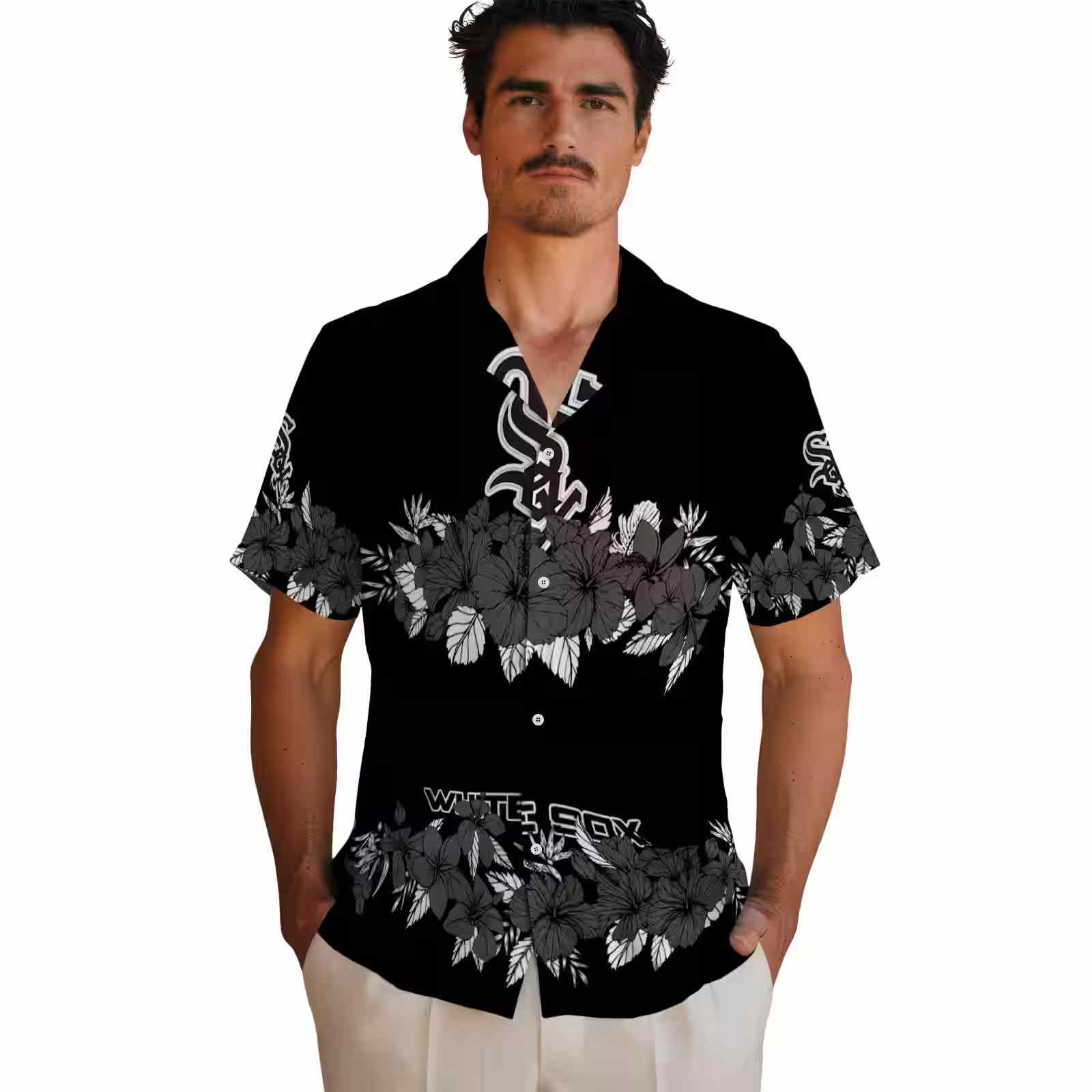 chicago white sox hibiscus stripe black hawaiian shirt fashion forward