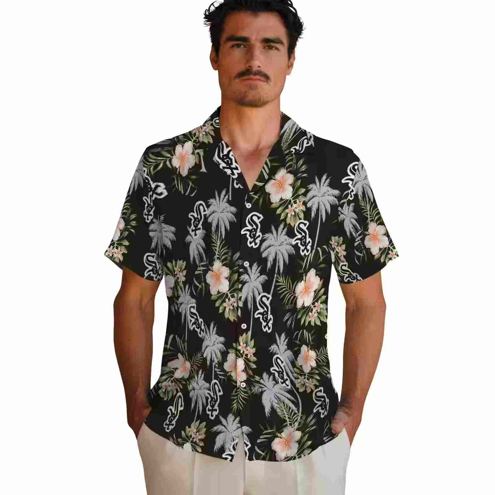 chicago white sox palm tree flower black hawaiian shirt fashion forward