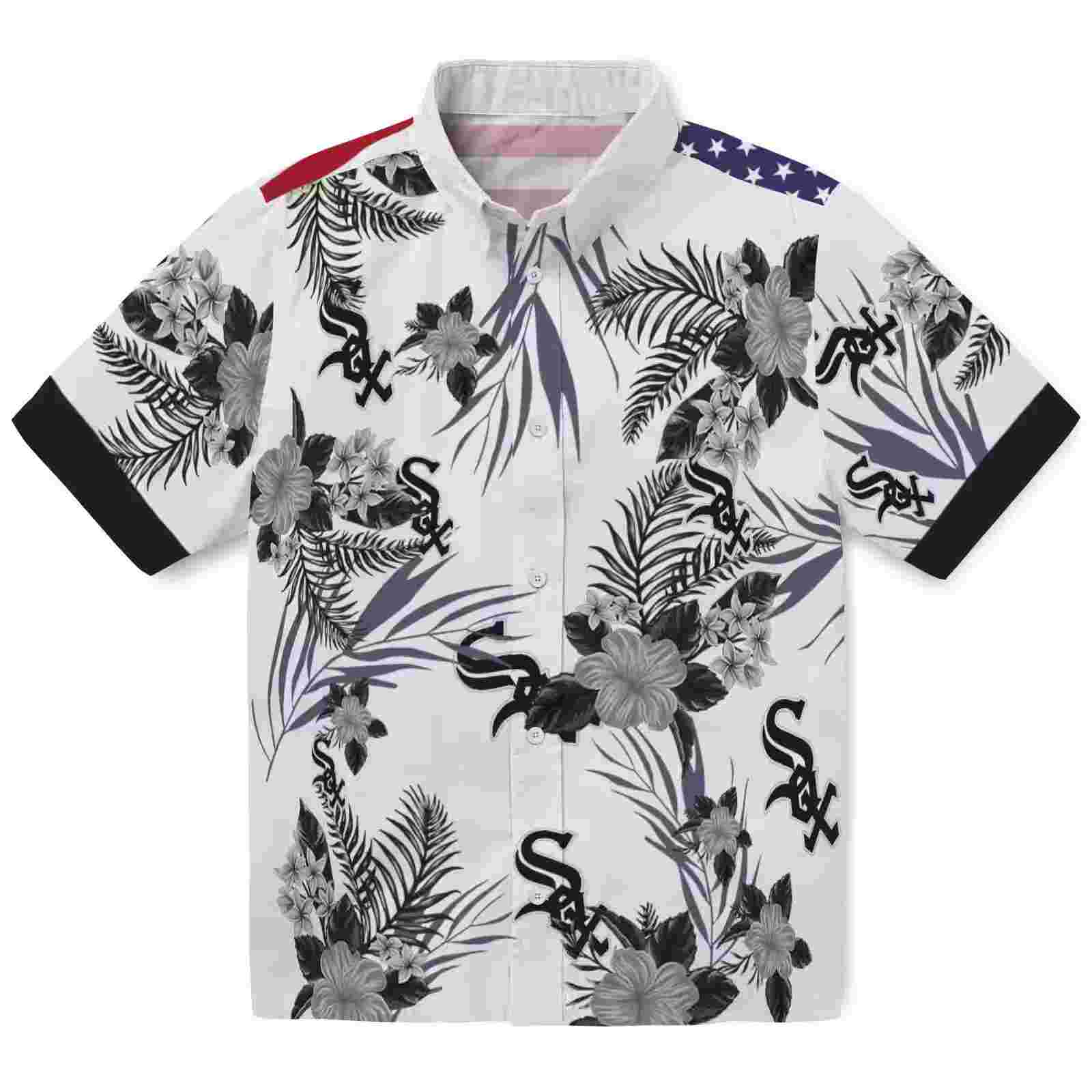 Chicago White Sox Patriotic Hibiscus Design Black White Hawaiian Shirt